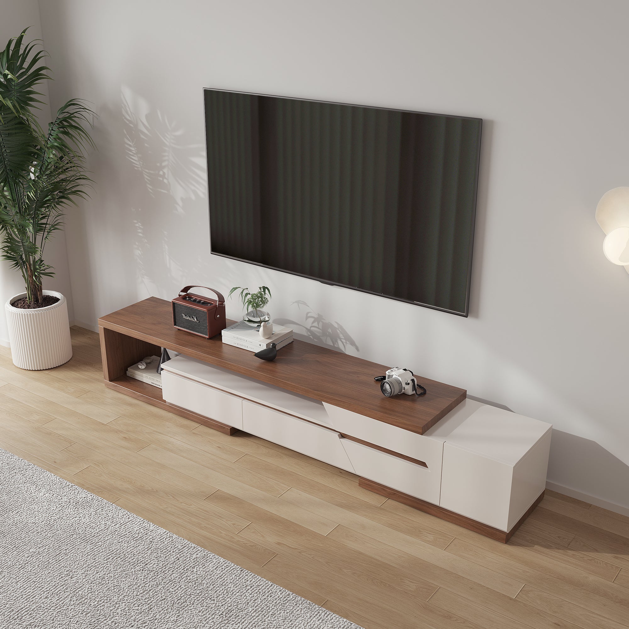 Extendable TV Stand with 3 Drawers and Open Shelf for TVs up to 110 Inches