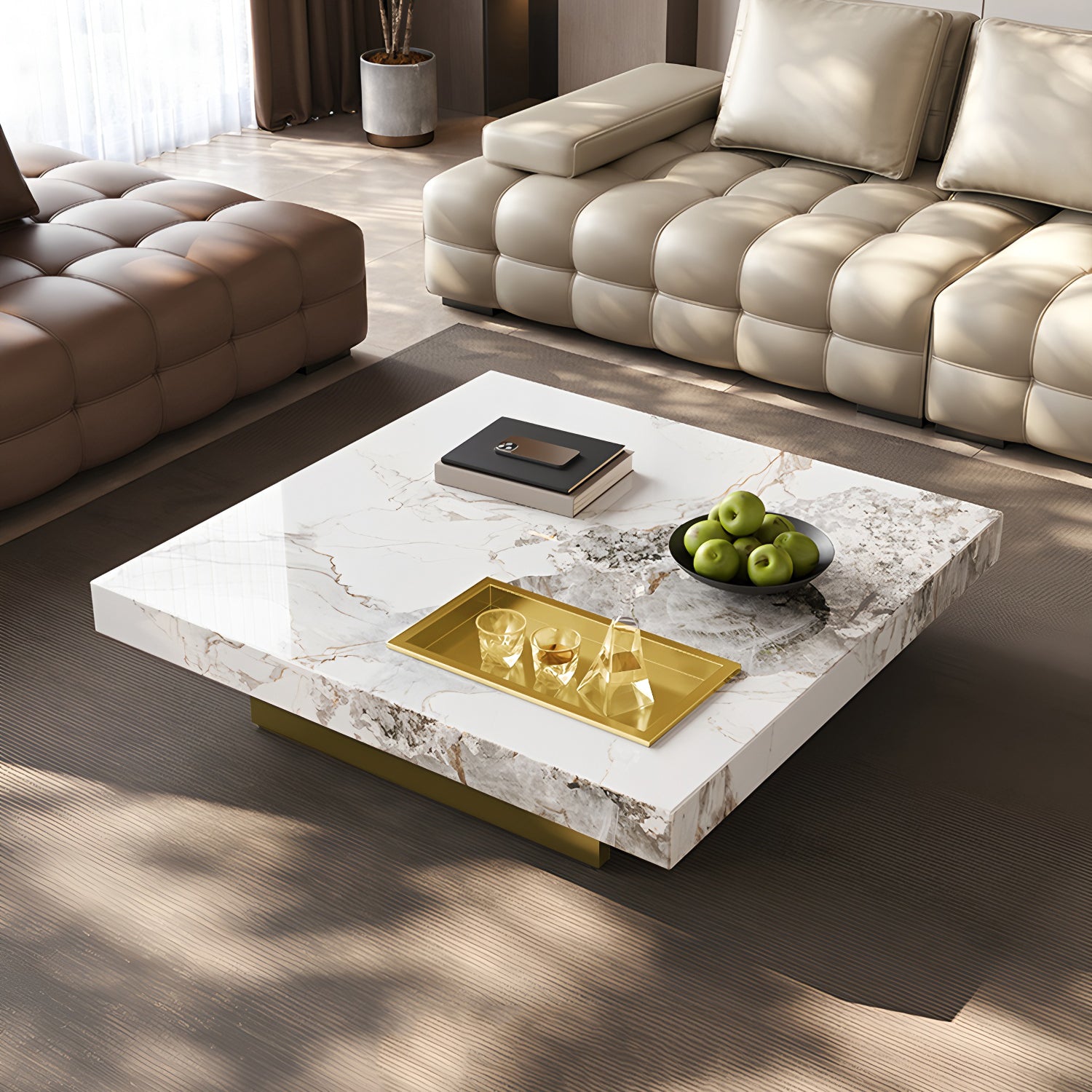 47.24" Square Faux Marble Coffee Table with Stainless Steel Base