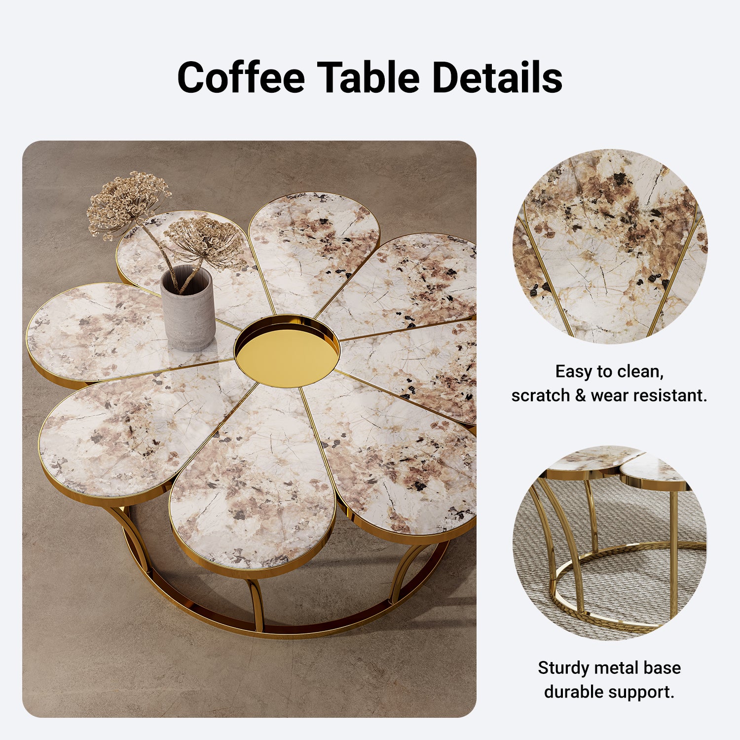 Flower-shaped faux marble coffee table with polished gold stainless steel base