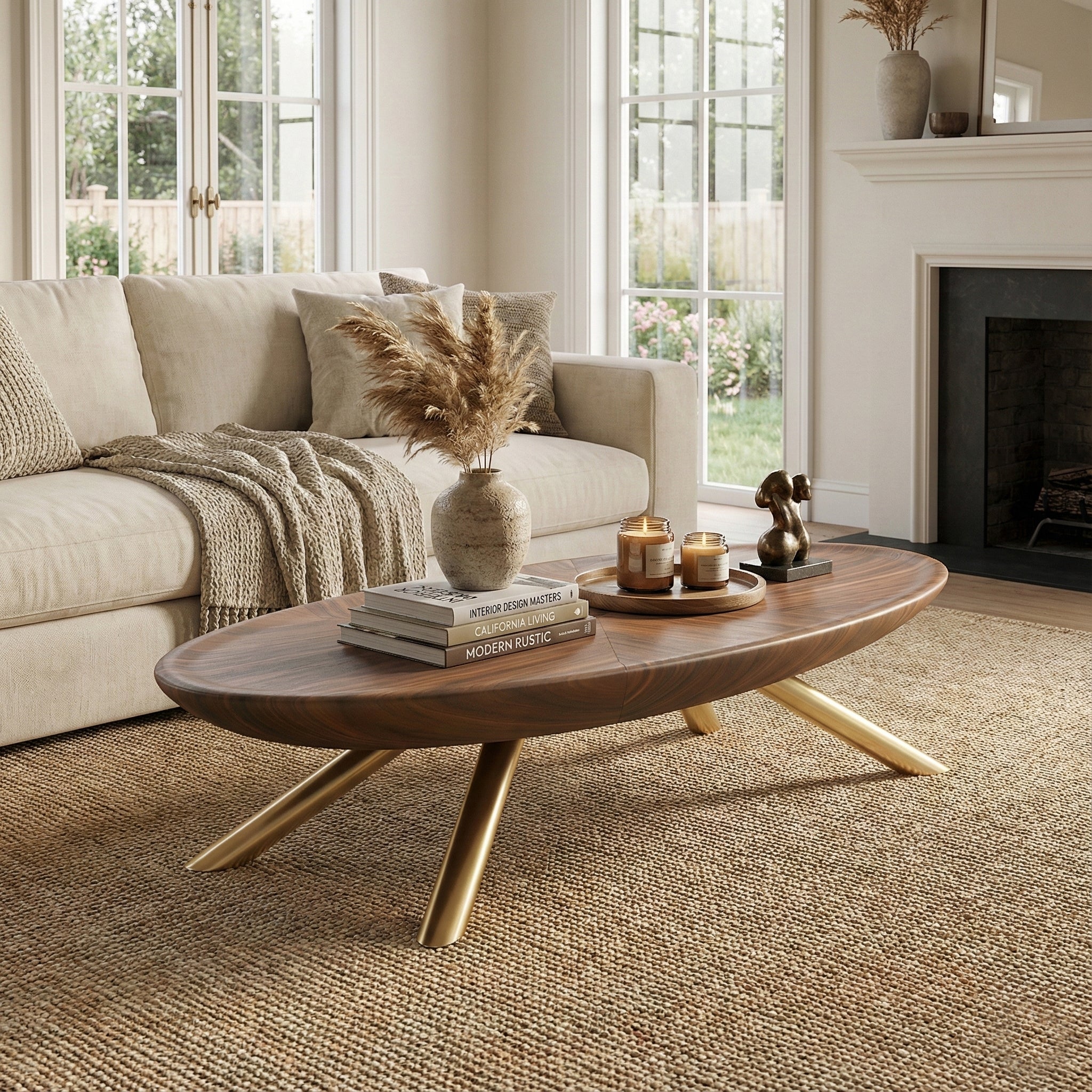Modern Oval Coffee Table with Wood-Grain Finish and Gold Accents - View 8