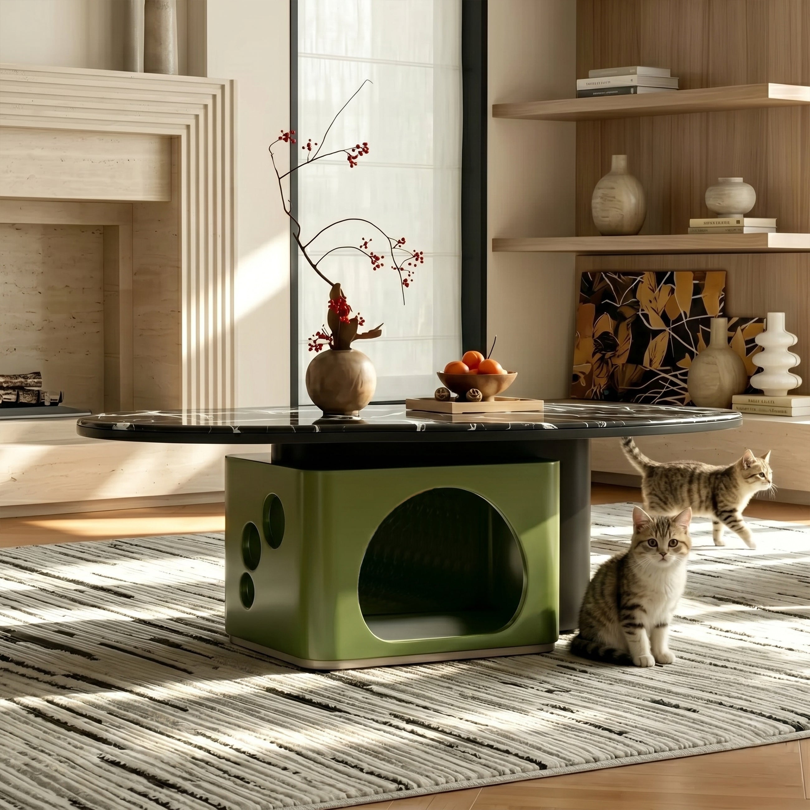 Luxury Pet-Friendly Coffee Table - Black Veined Marble Top with Cat Cave Base
