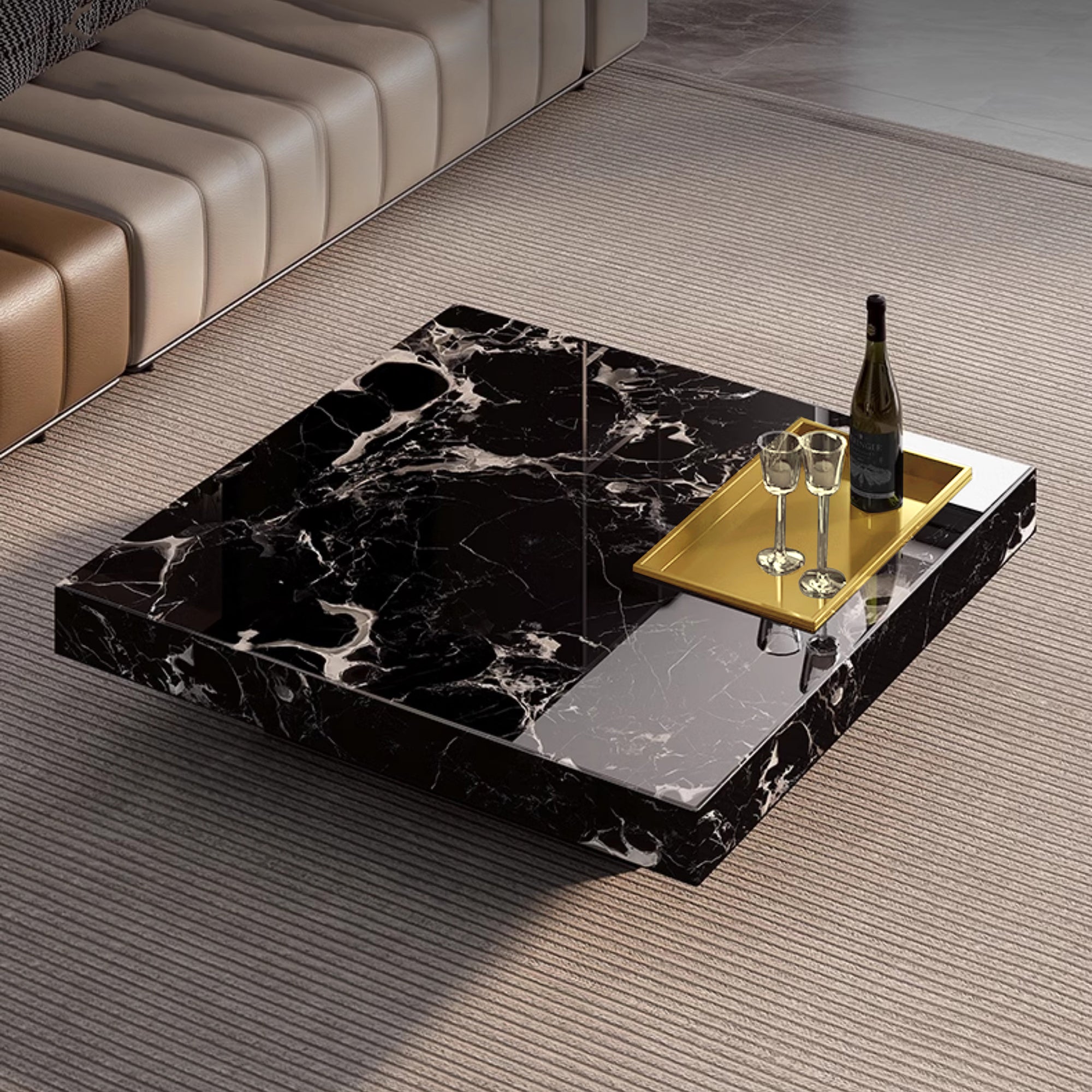 47.24" Square Faux Marble Coffee Table with Stainless Steel Base