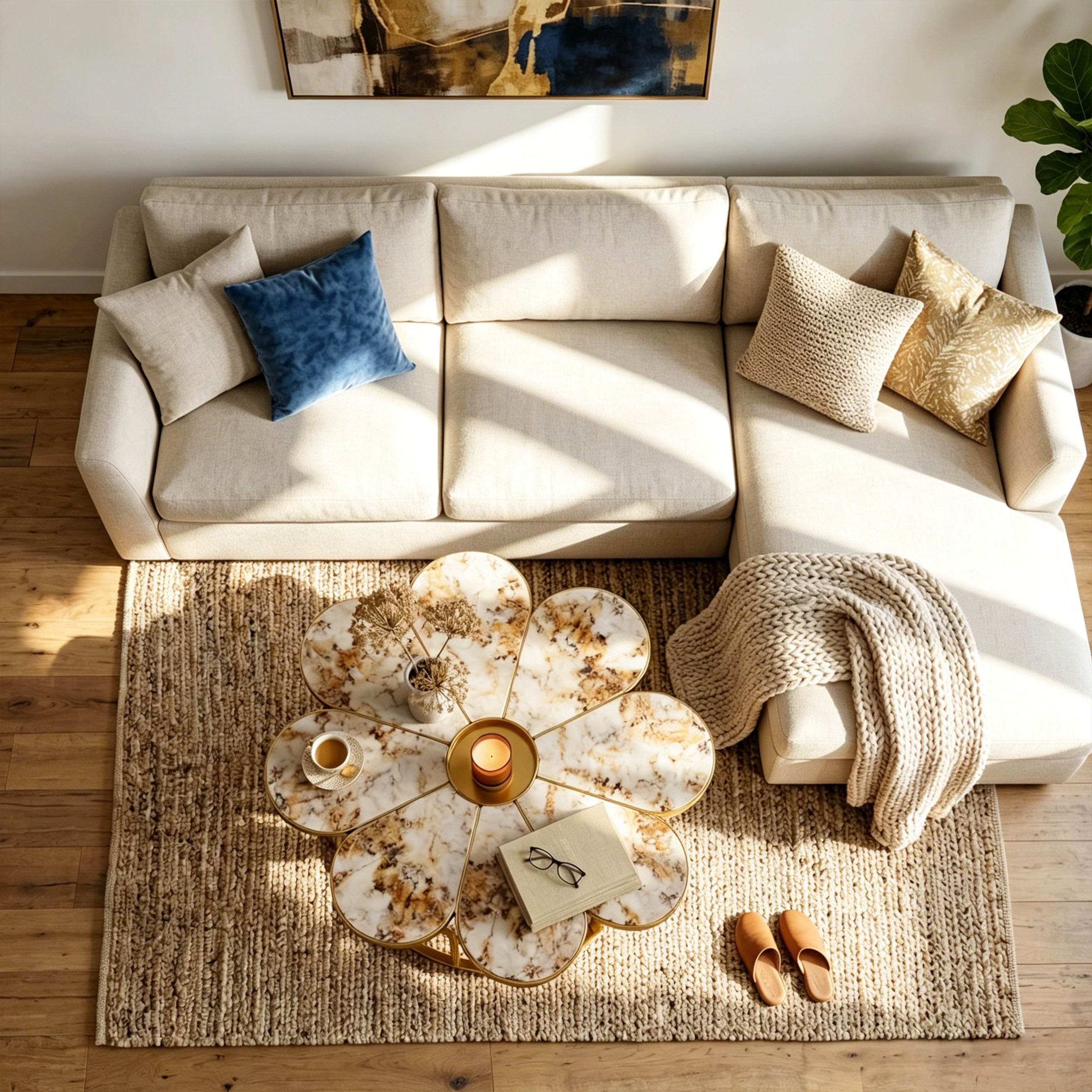 Flower-shaped faux marble coffee table with polished gold stainless steel base