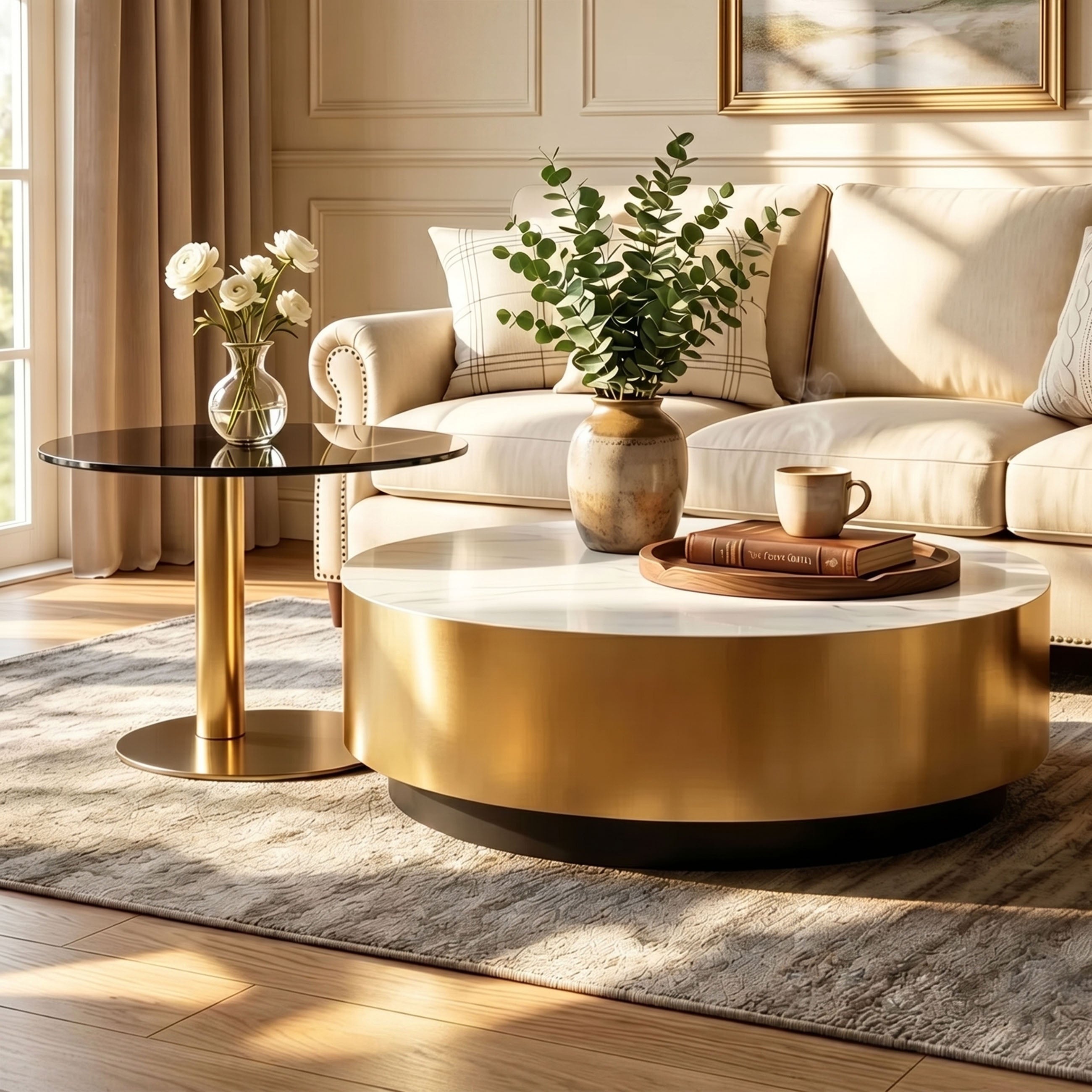 Modern Luxury Nesting Coffee Tables - Marble-Look Top with Gold Finish Base