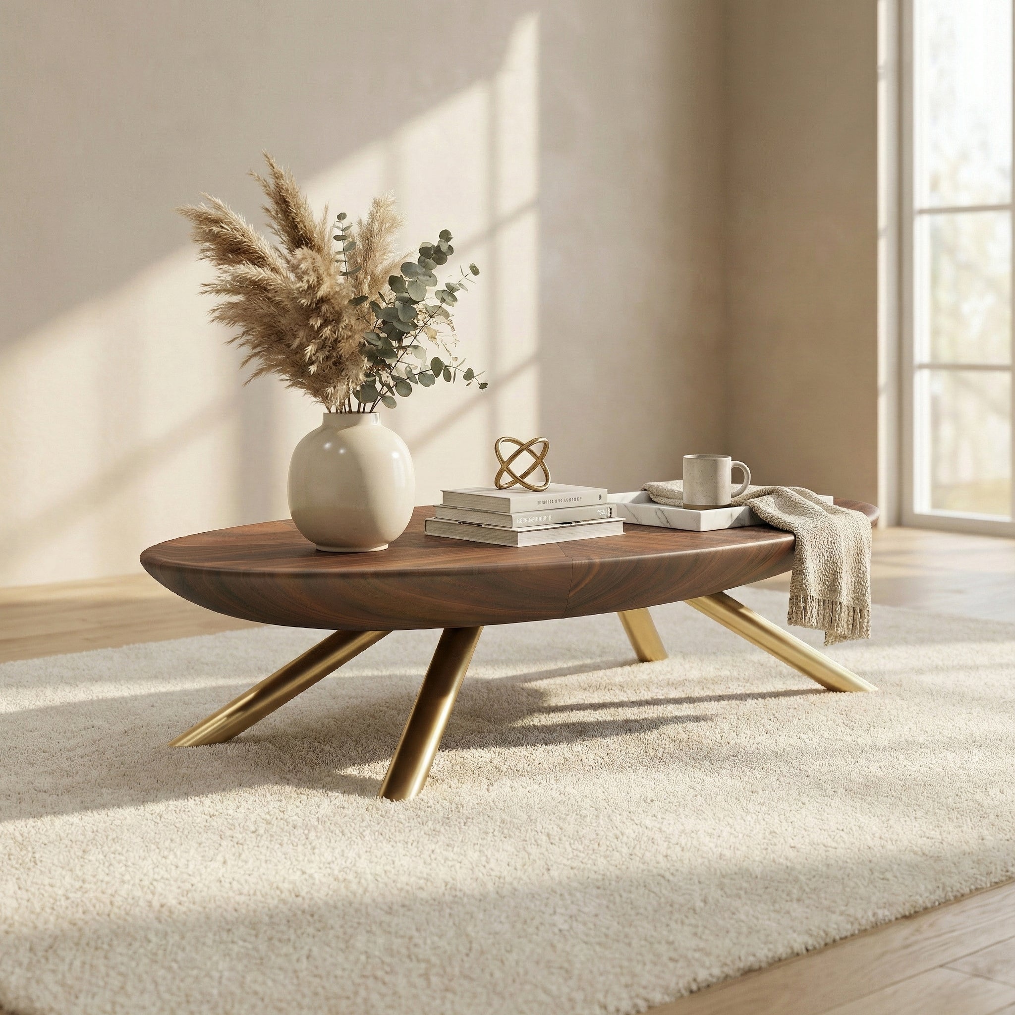 Modern Oval Coffee Table with Wood-Grain Finish and Gold Accents - View 5