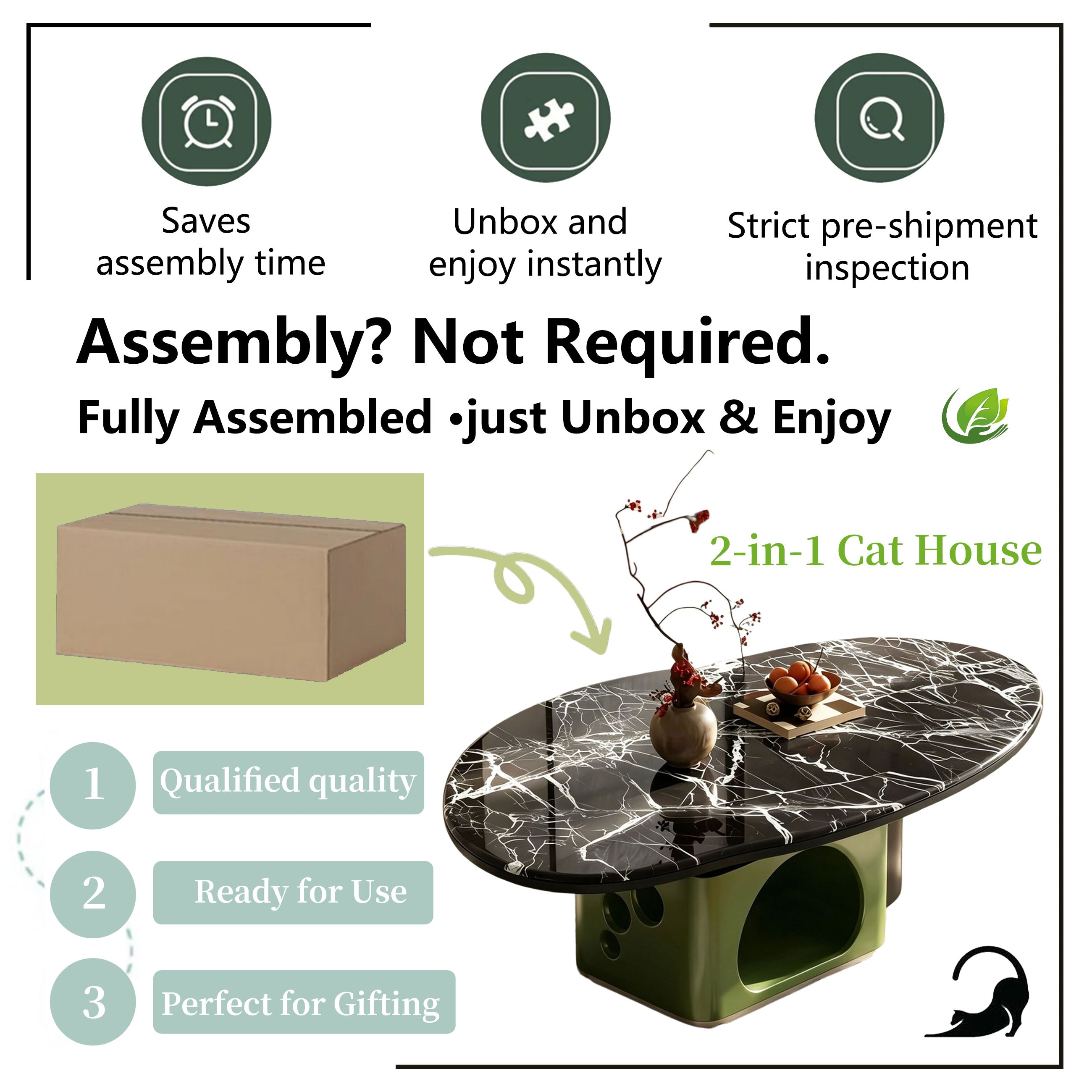 Luxury Pet-Friendly Coffee Table - Black Veined Marble Top with Cat Cave Base