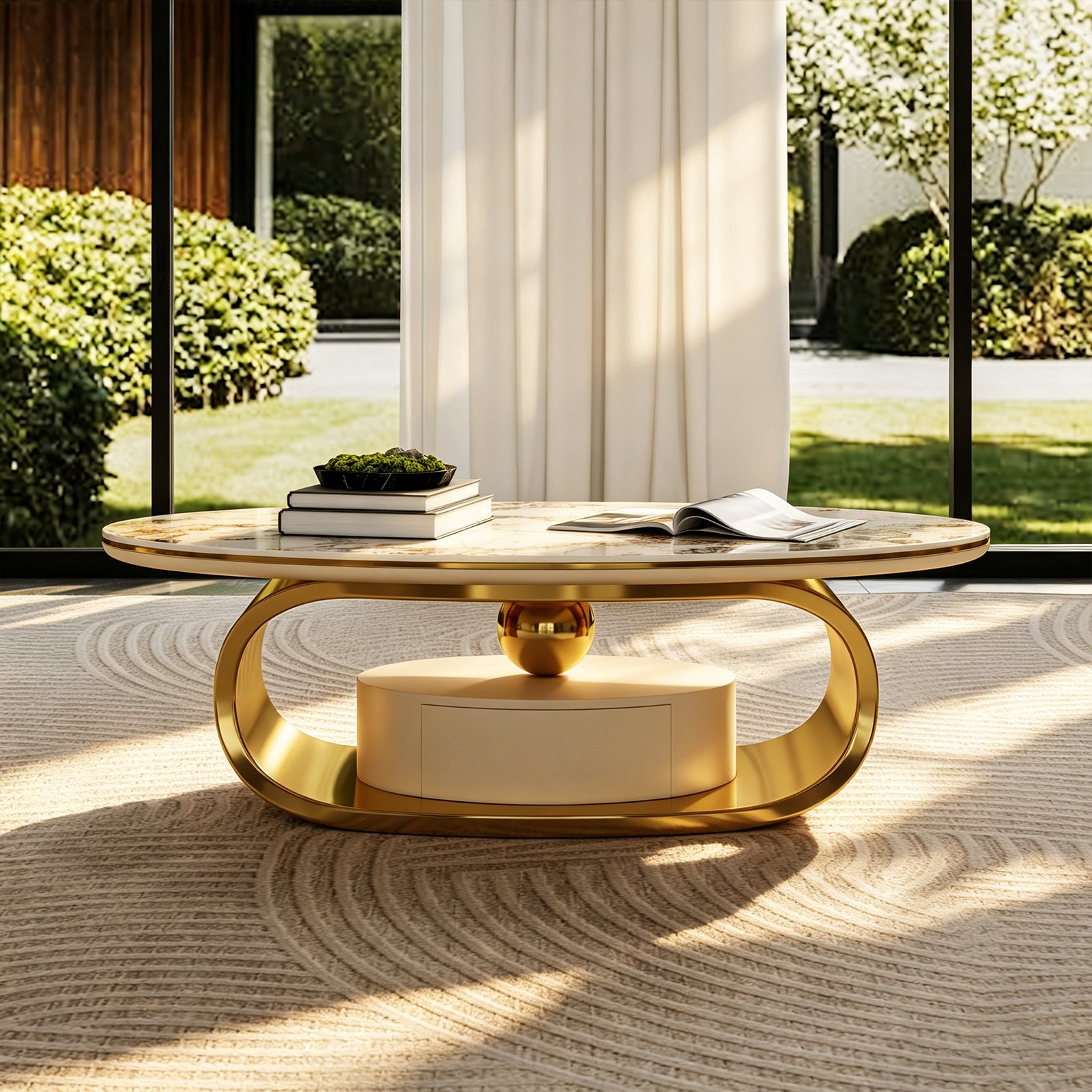 Modern Luxury Coffee Table: Scratch-Resistant Faux Marble Surface, Polished Gold Frame & Hidden Drawer