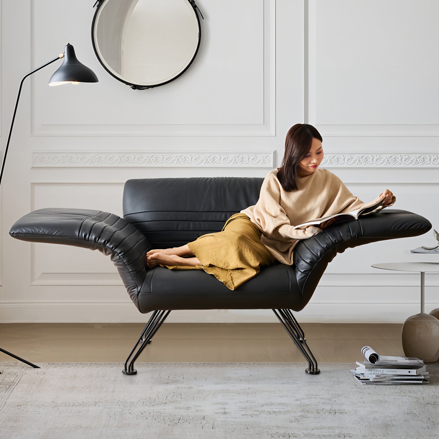 Adjustable Reclining Lounge Chair with Wax Pull-Up Leather Contact Surface