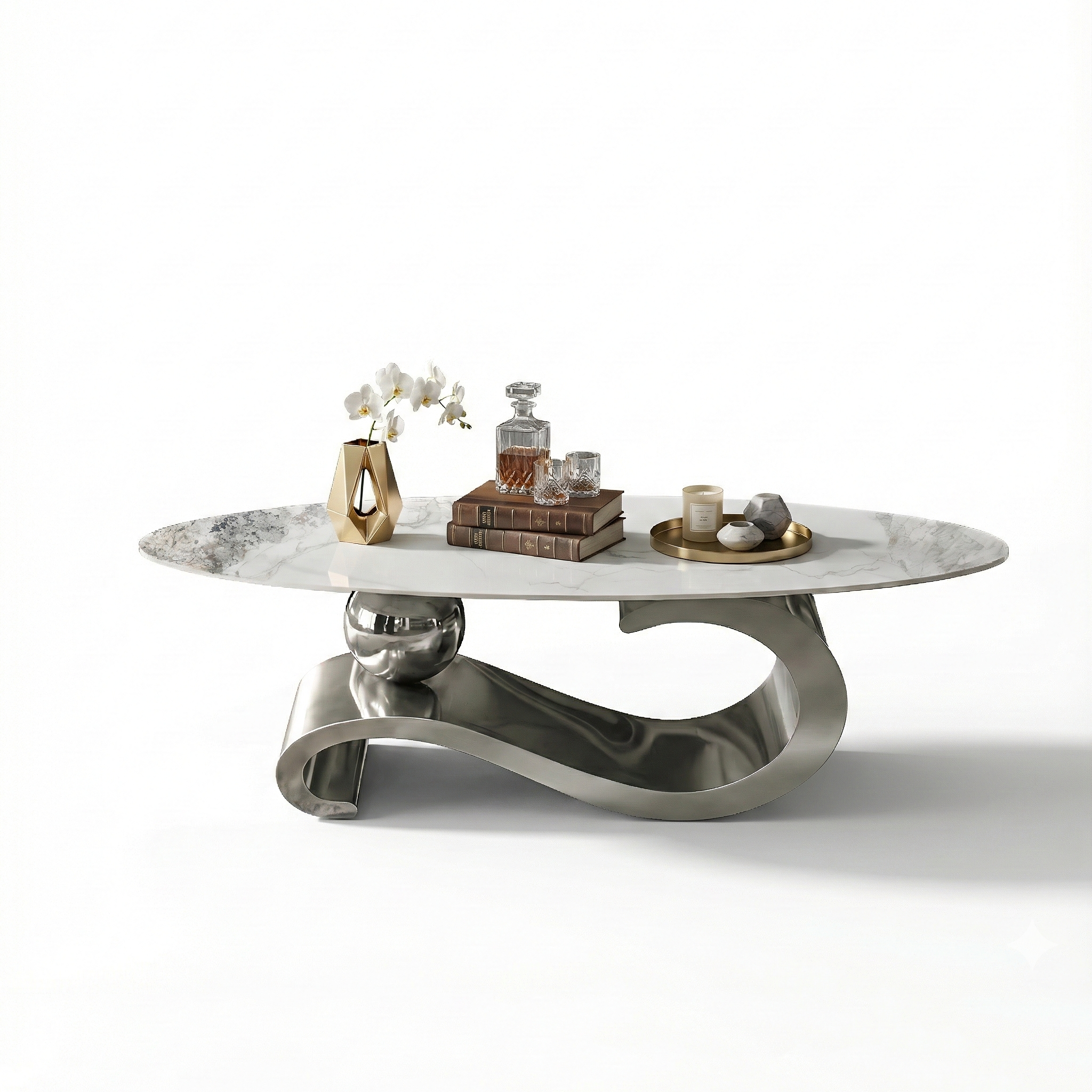 51.2" Oval Faux Marble Coffee Table with Silver Stainless Steel Base