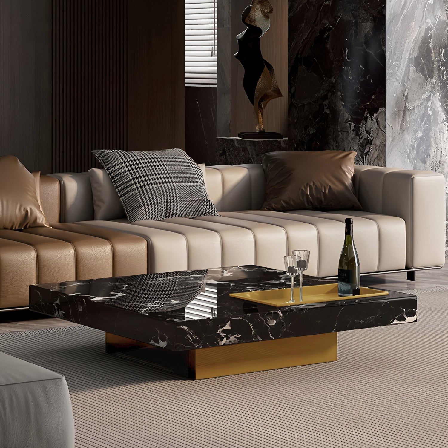 47.24" Square Faux Marble Coffee Table with Stainless Steel Base