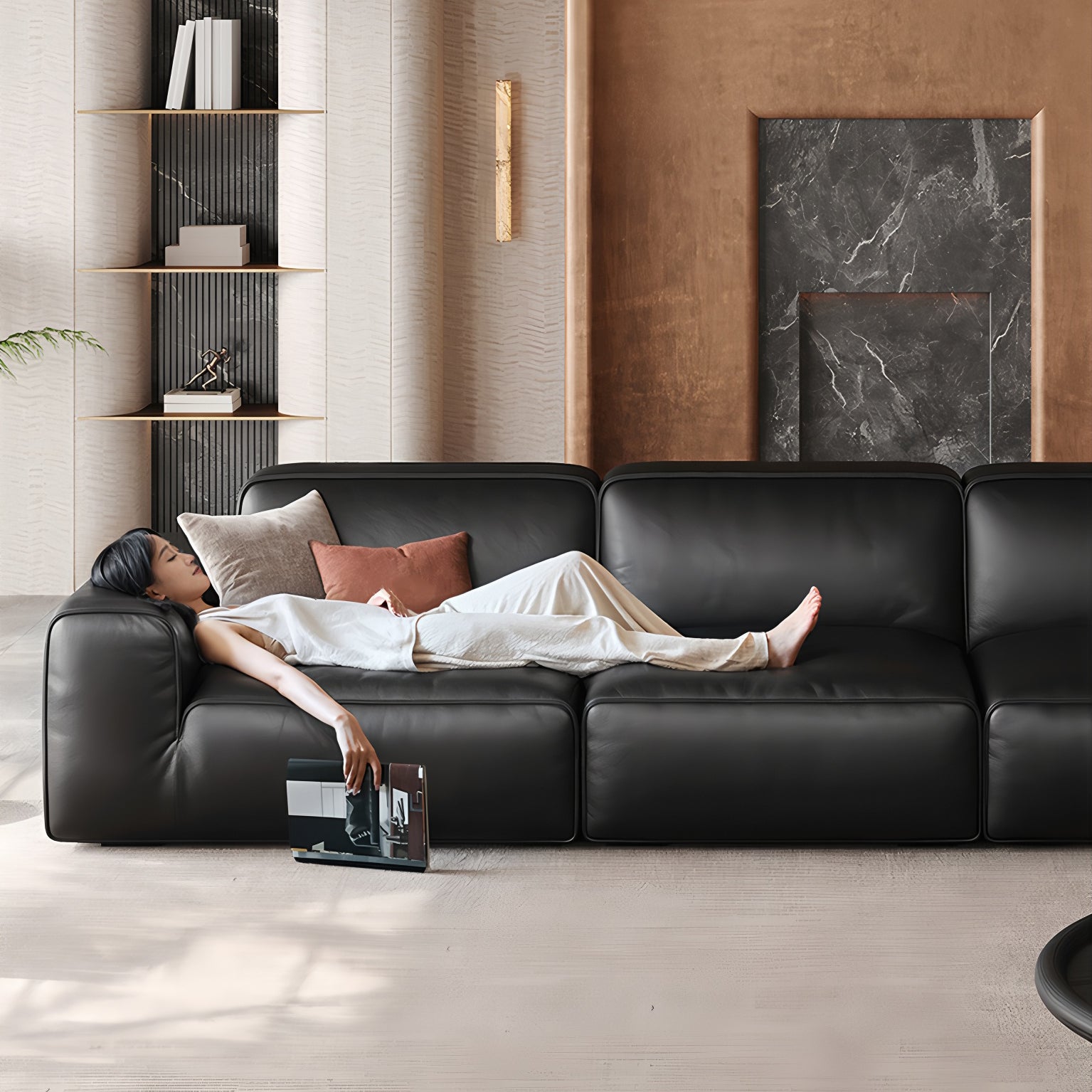 Black Genuine Leather Modular Sofa for Living Room