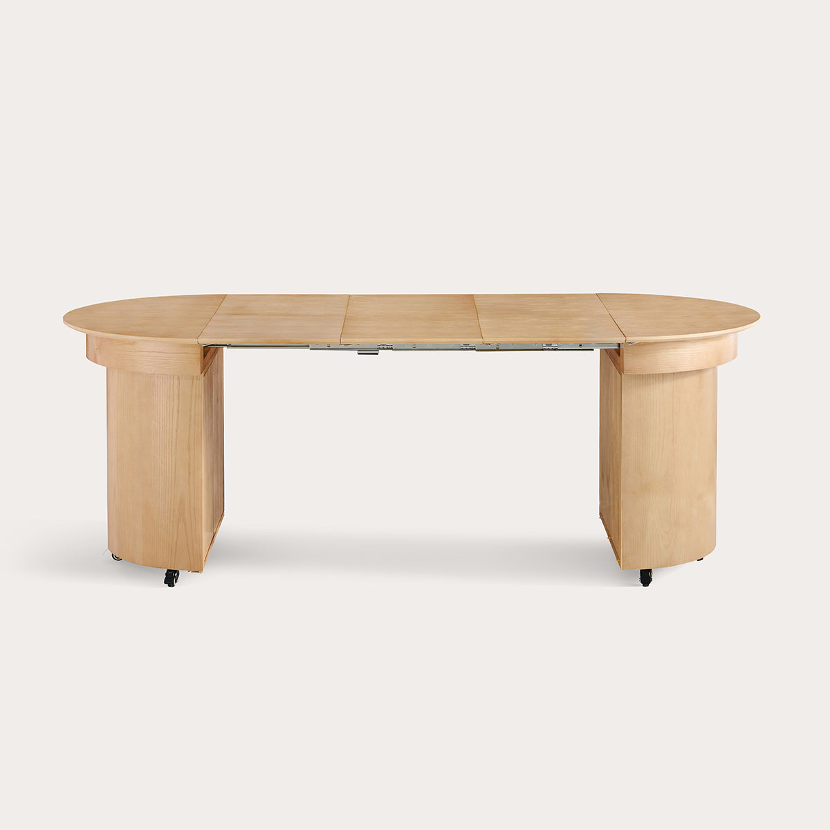 82.68" Modern Organic Style Stretchable Solid Wood Round/ Oval Table, with concealed storage space and casters, can accommodate 8-10 people