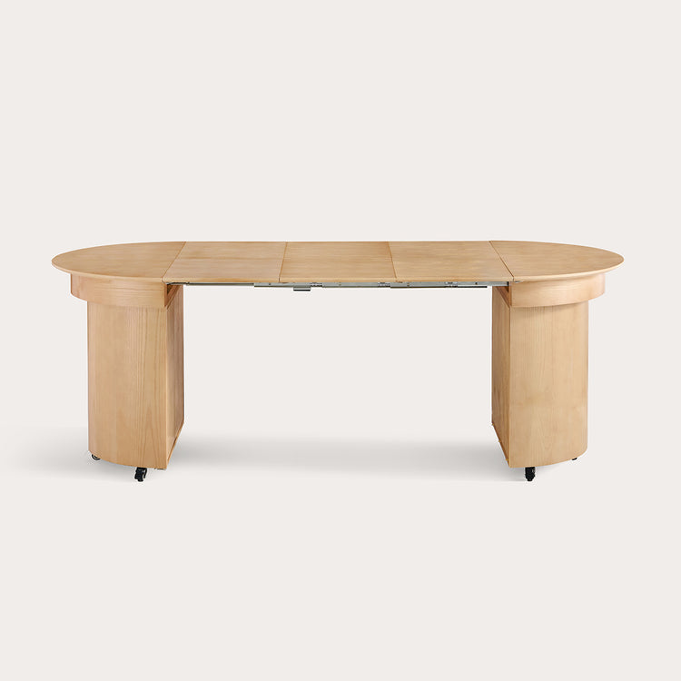 82.68" Modern Organic Style Stretchable Solid Wood Round/ Oval Table, with concealed storage space and casters, can accommodate 8-10 people