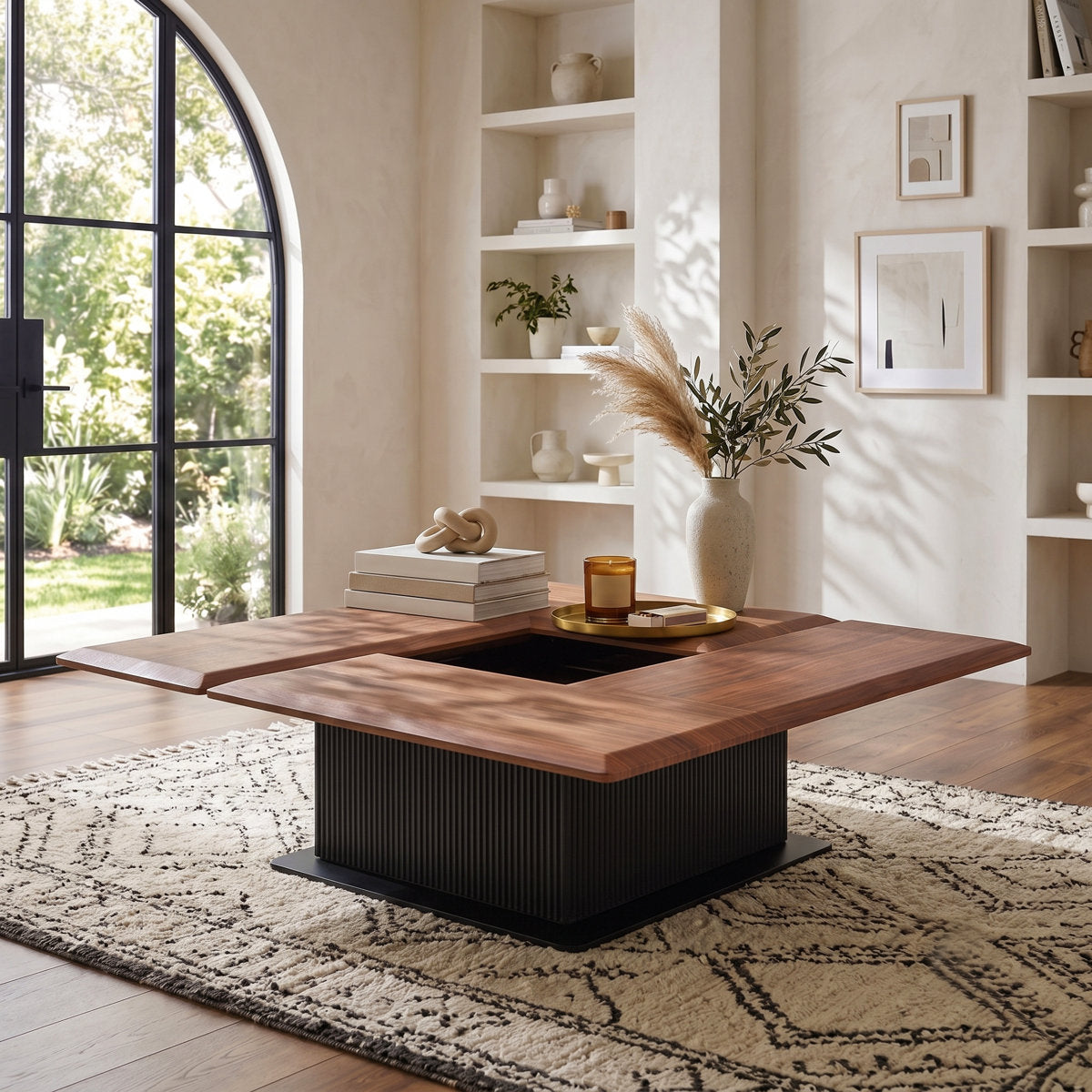 58" Wide Solid Wood Transforming Coffee Table, Square to Rectangle Fluted Base, Mid-Century Modern, Walnut Finish - View 9