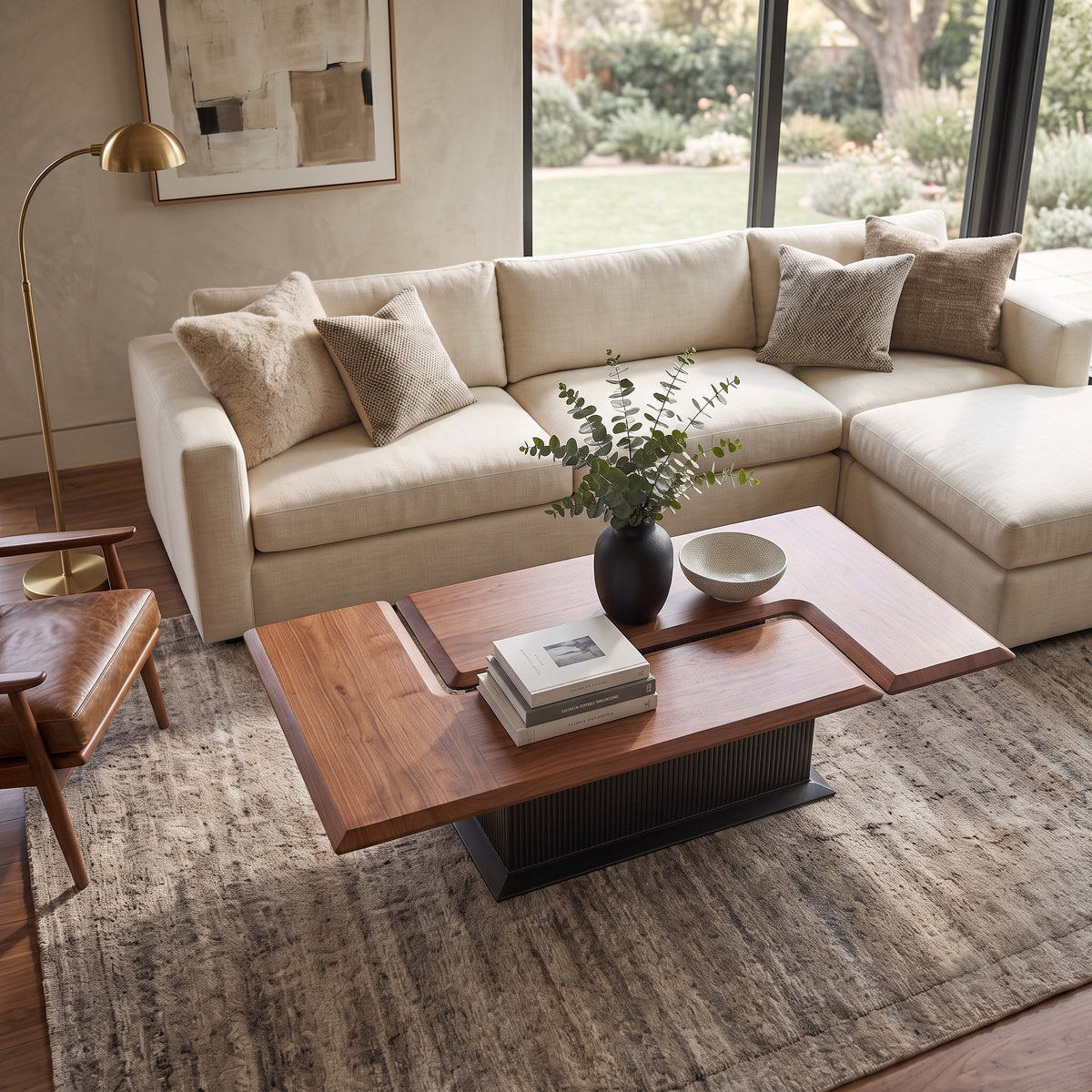 58" Wide Solid Wood Transforming Coffee Table, Square to Rectangle Fluted Base, Mid-Century Modern, Walnut Finish - View 1