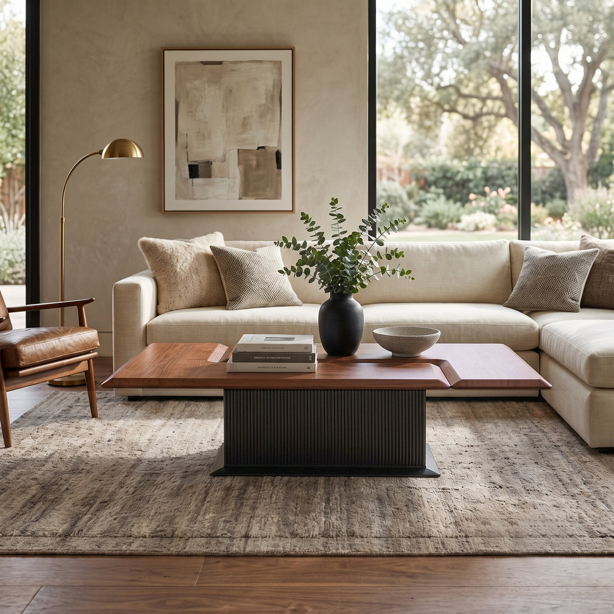 58" Wide Solid Wood Transforming Coffee Table, Square to Rectangle Fluted Base, Mid-Century Modern, Walnut Finish - View 2