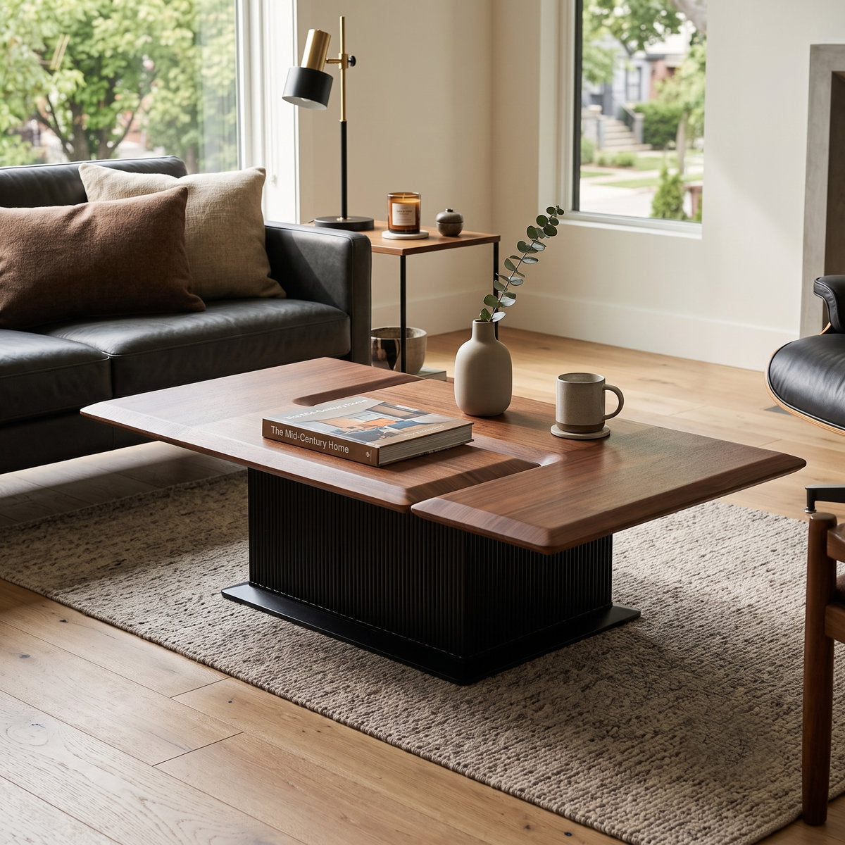 58" Wide Solid Wood Transforming Coffee Table, Square to Rectangle Fluted Base, Mid-Century Modern, Walnut Finish - View 8