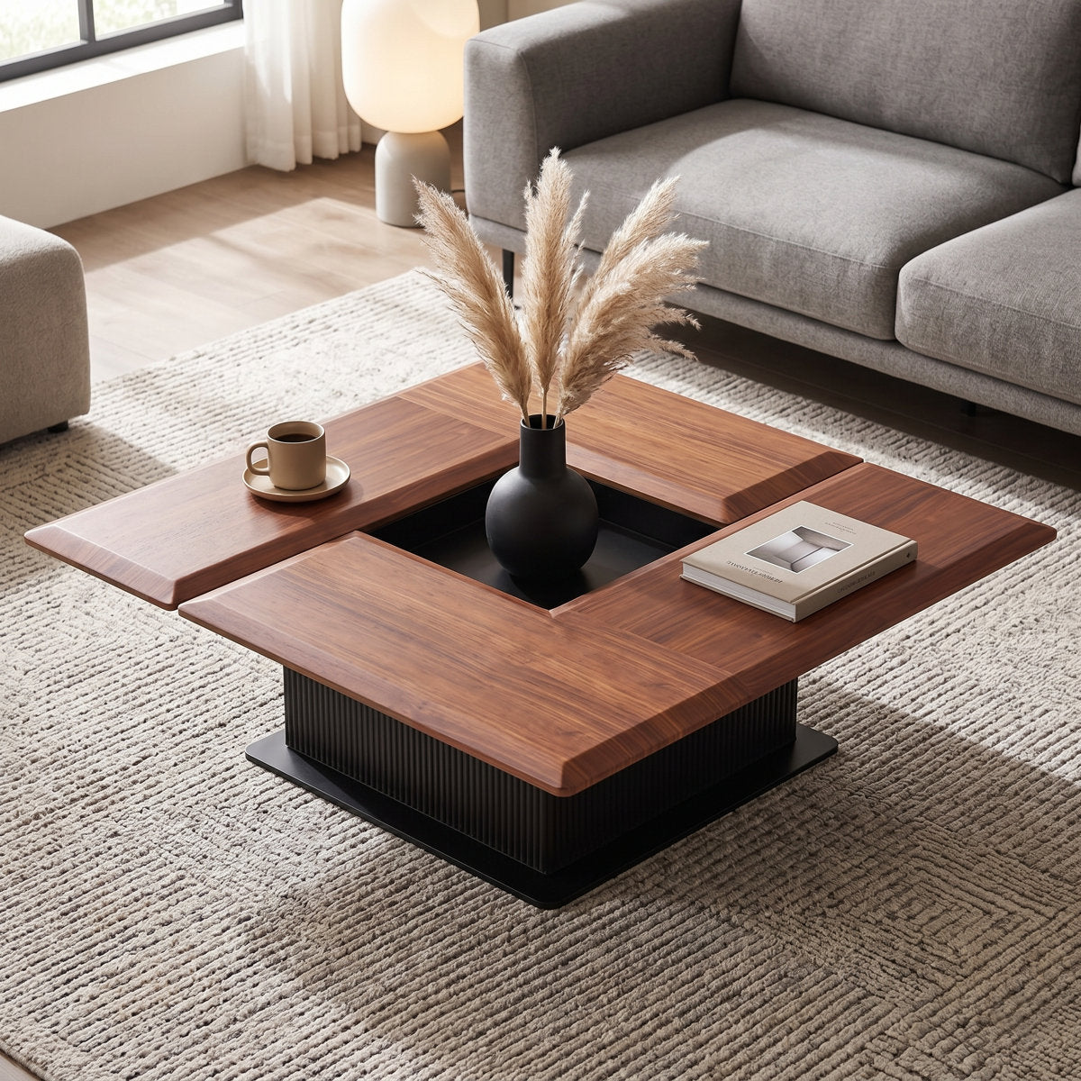 58" Wide Solid Wood Transforming Coffee Table, Square to Rectangle Fluted Base, Mid-Century Modern, Walnut Finish - View 3
