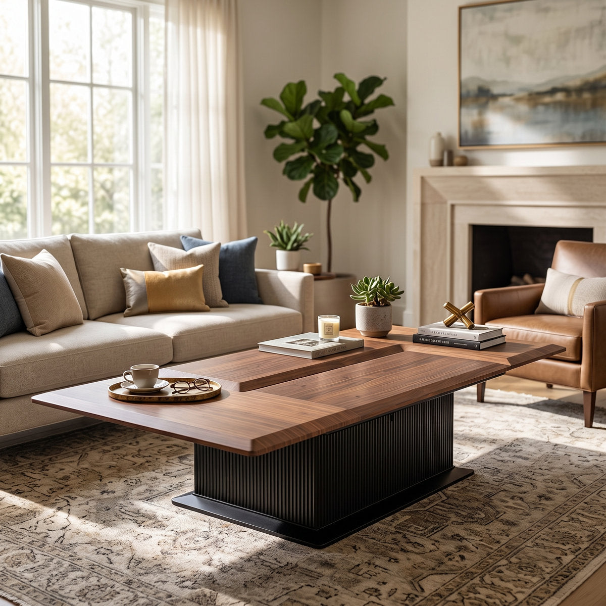 58" Wide Solid Wood Transforming Coffee Table, Square to Rectangle Fluted Base, Mid-Century Modern, Walnut Finish - View 7