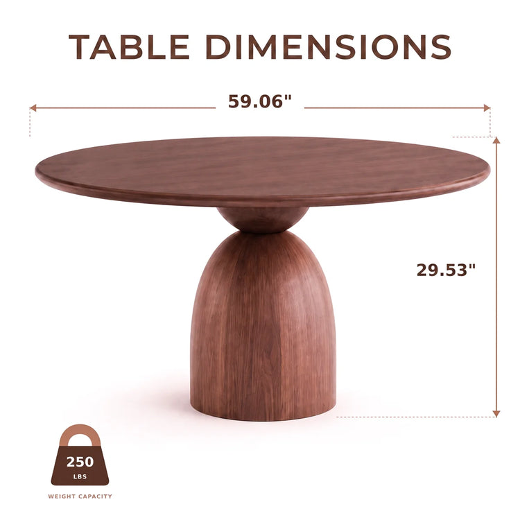 59.06'' Mid-Century Modern Style Walnut Wood Panelled Round Dining Table, solid base, can seat 6-8 people