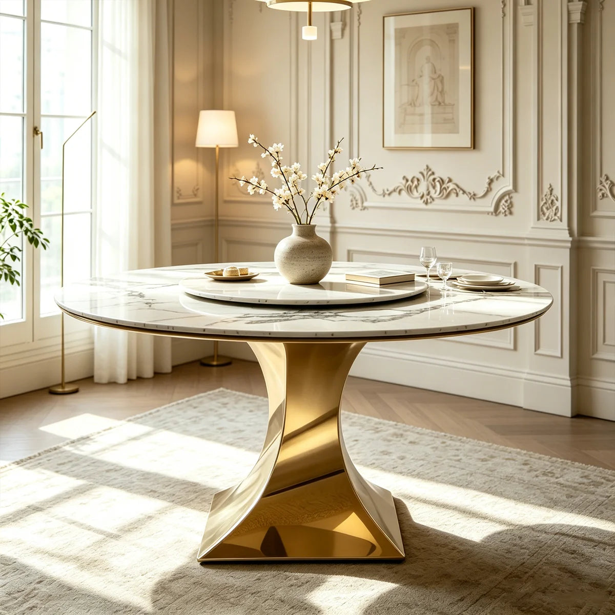 59'' modern marble round dining table, with rotating tray and stainless steel base