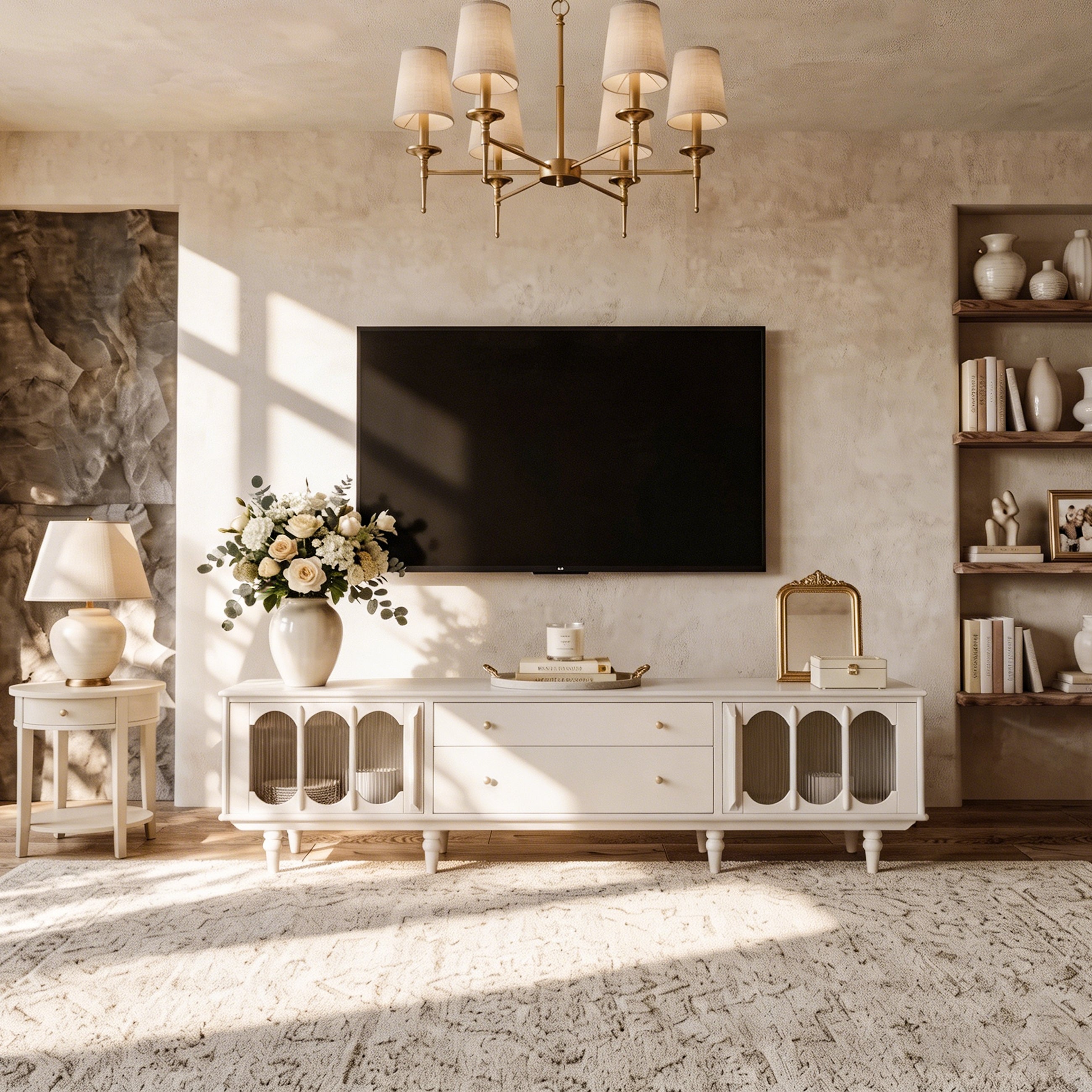 78.74" French Country TV Stand for 75-85 Inch TVs, Cream White TV Console with Arched Fluted Glass Doors & Storage Drawers