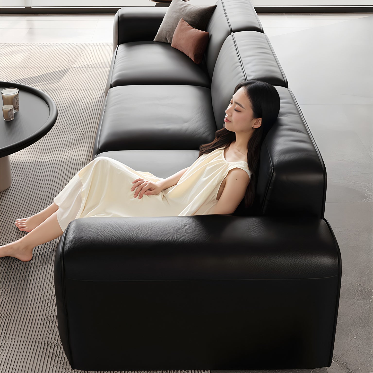 Black Genuine Leather Modular Sofa for Living Room