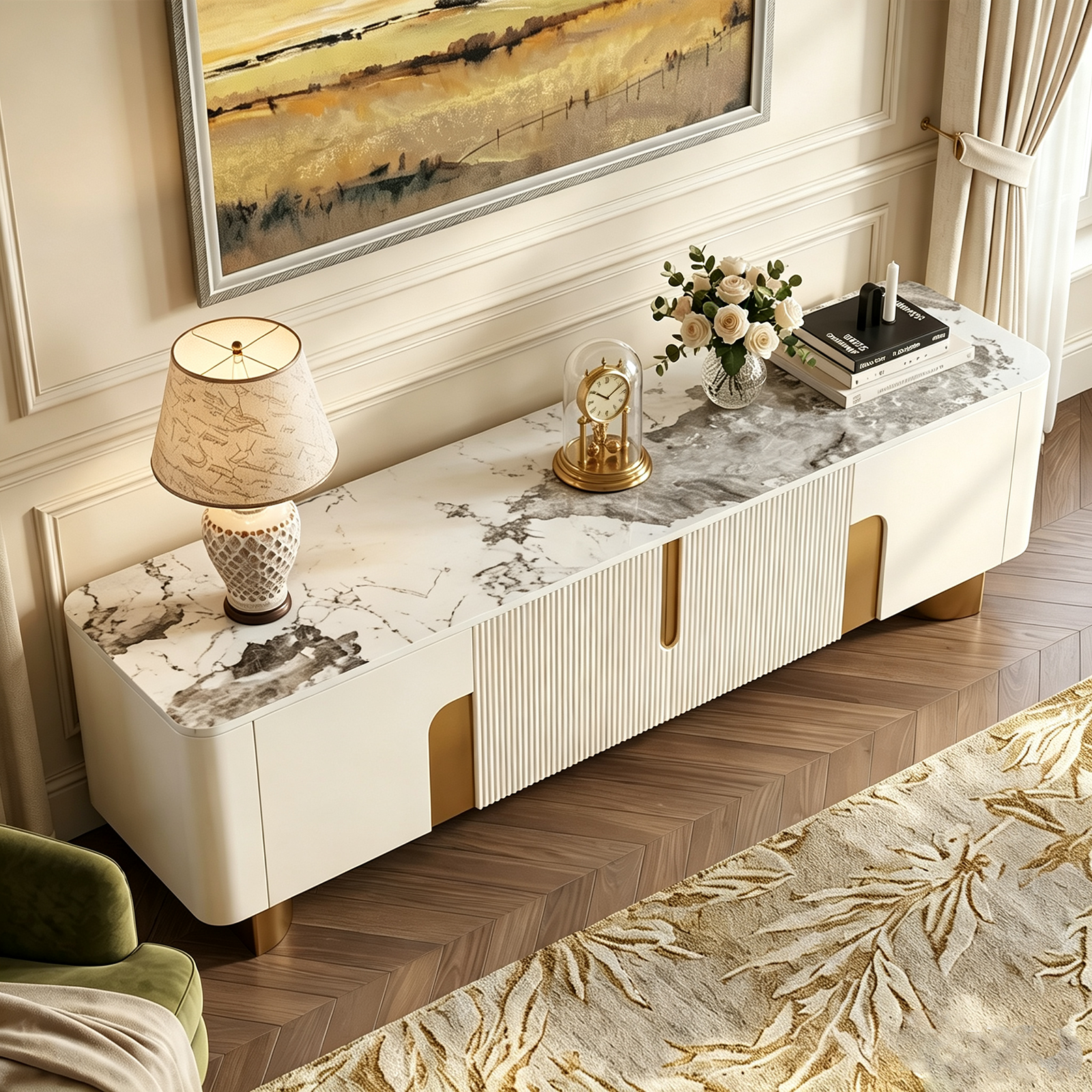 78.74'' Modern Faux Marble TV Stand with Gold Stainless Steel Base and 4 Storage Cabinets