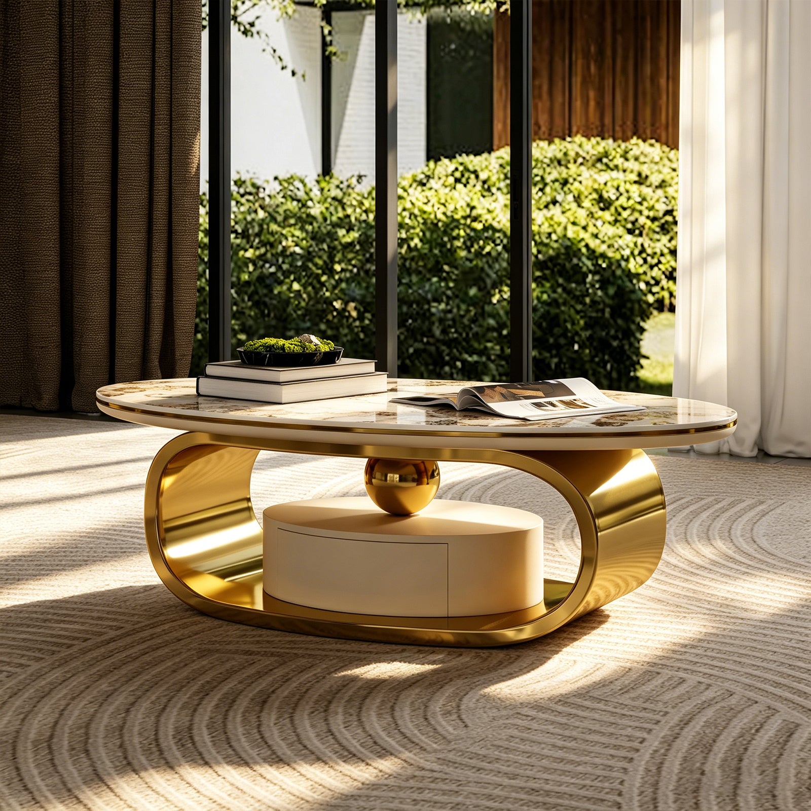 Modern Luxury Coffee Table: Scratch-Resistant Faux Marble Surface, Polished Gold Frame & Hidden Drawer