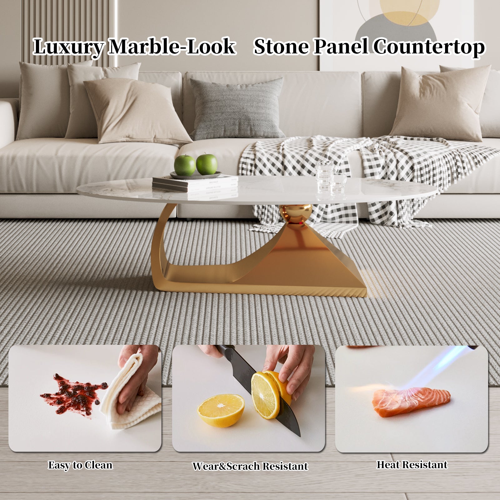 Modern Luxury Oval Artificial Marble Coffee Table for Living Room Center