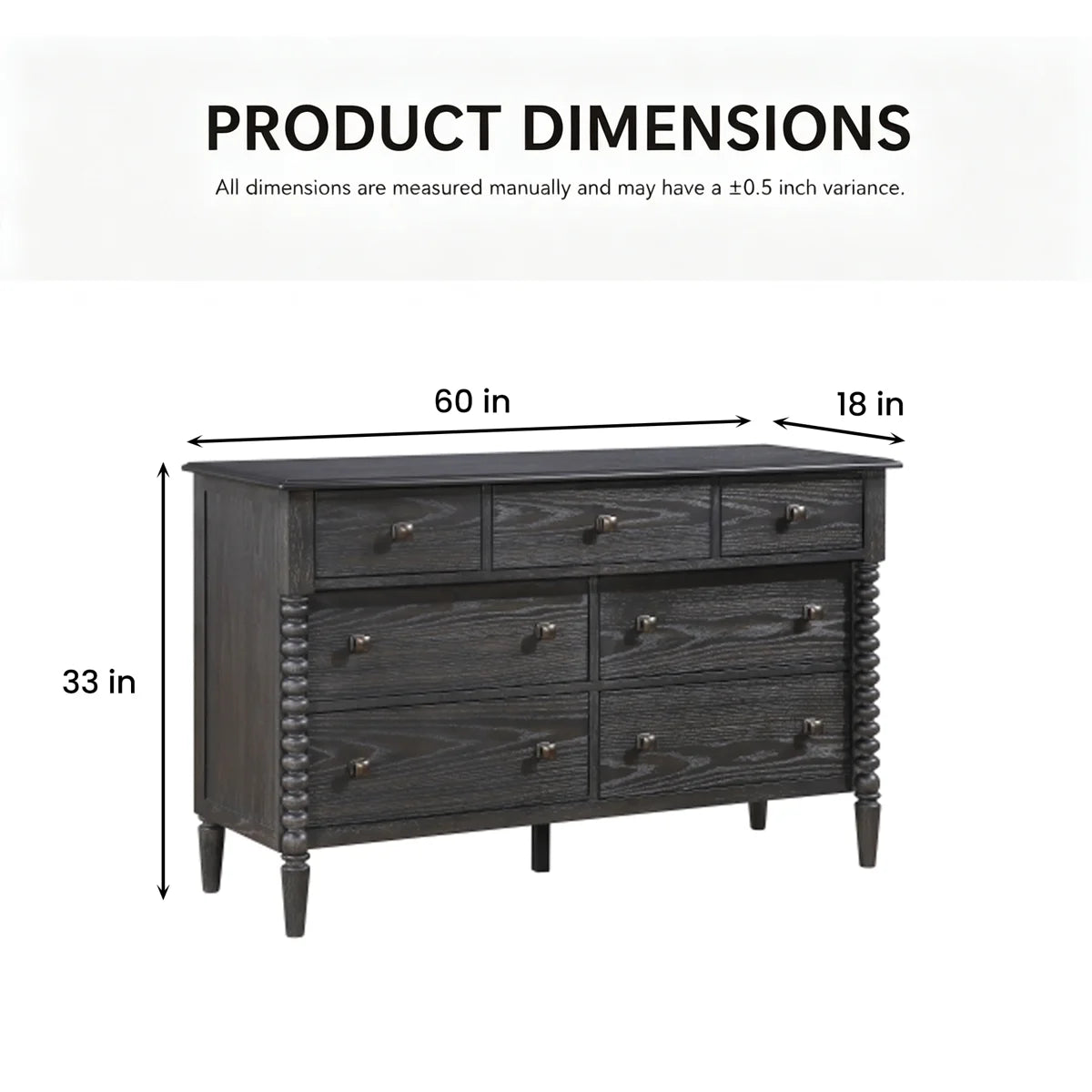 60" Wood Dresser with 7 Drawers, Traditional Rectangular Storage Chest with Lined Drawer Bottoms