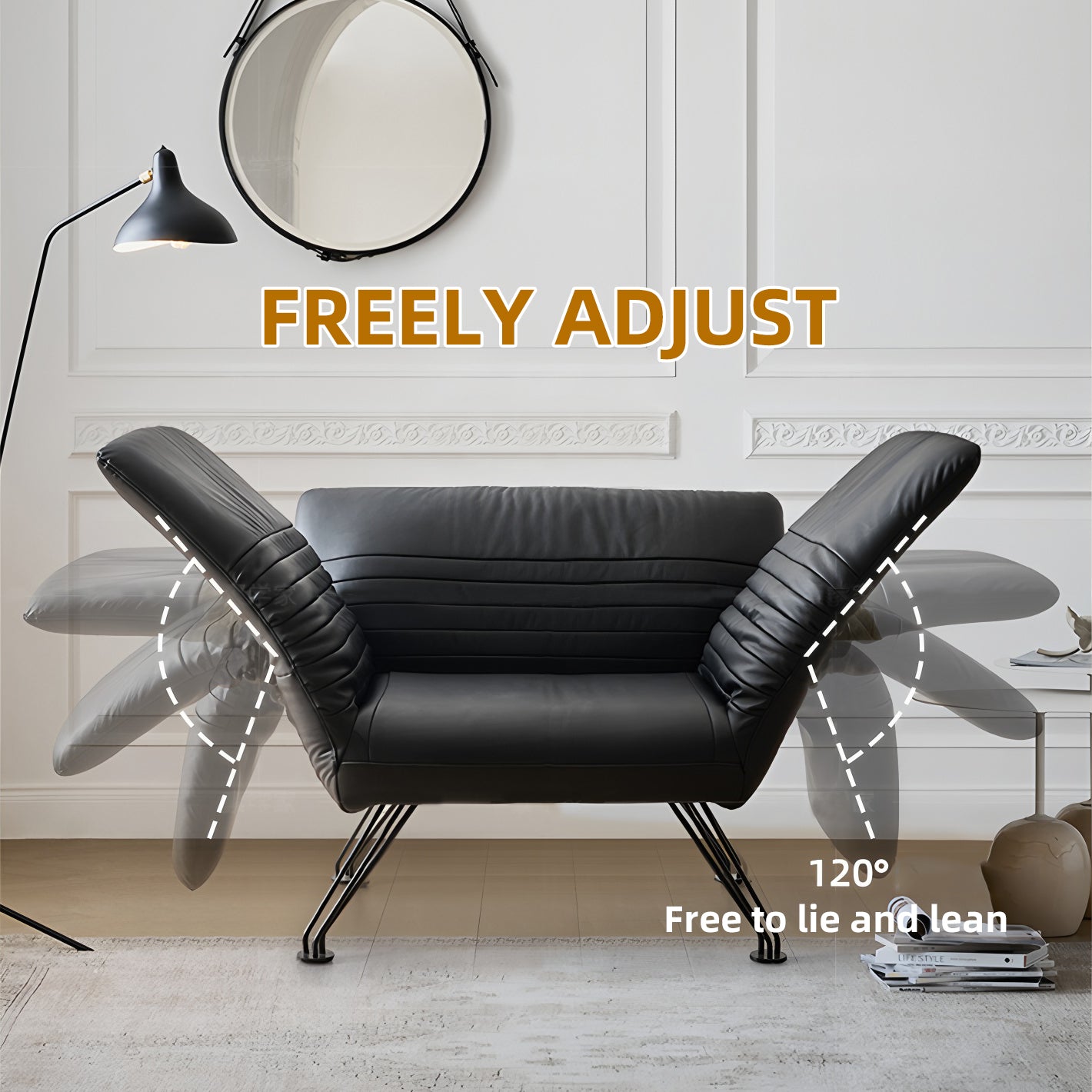 Adjustable Reclining Lounge Chair with Wax Pull-Up Leather Contact Surface