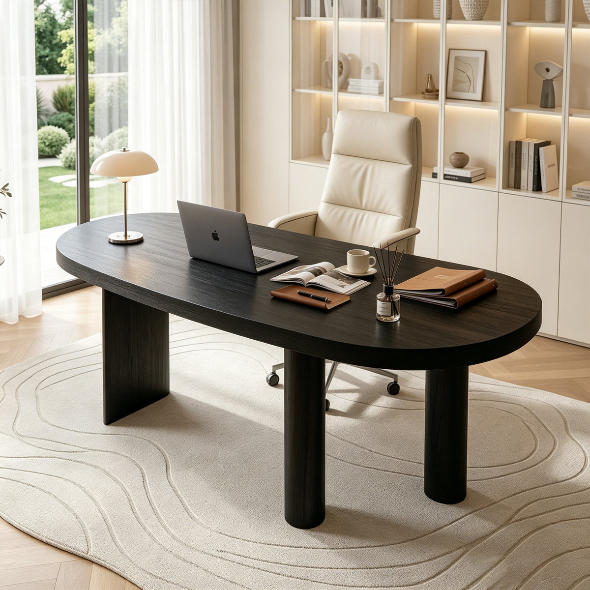 70.9" Black Solid Wood Curved Executive Desk with Sculptural Three-Leg Base – View 13