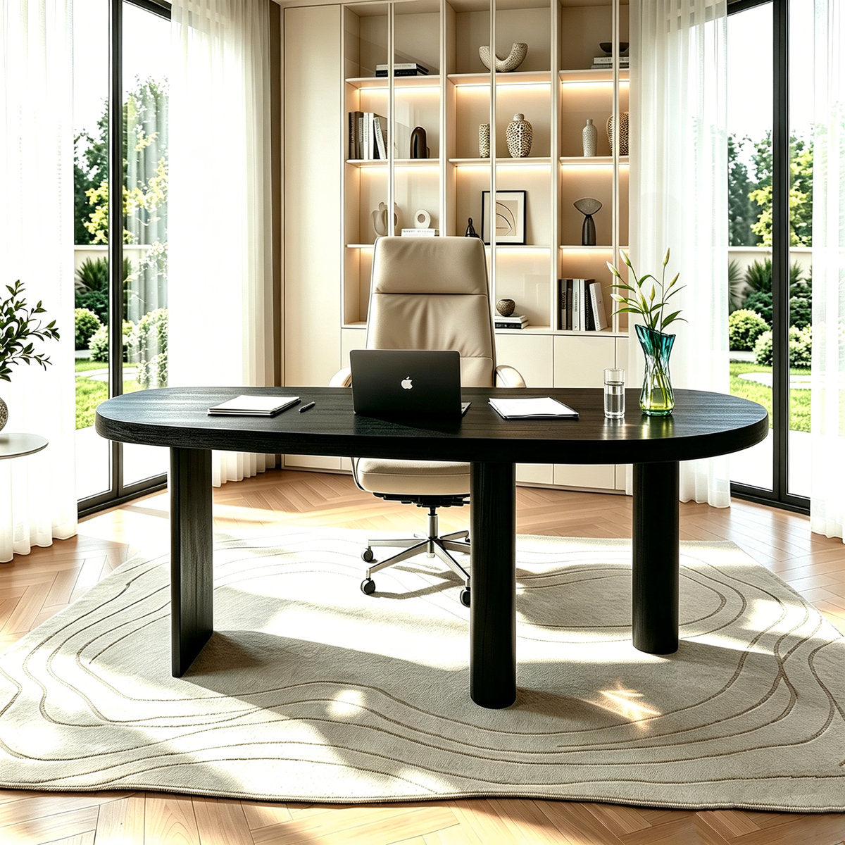 70.9" Black Solid Wood Curved Executive Desk with Sculptural Three-Leg Base – View 13