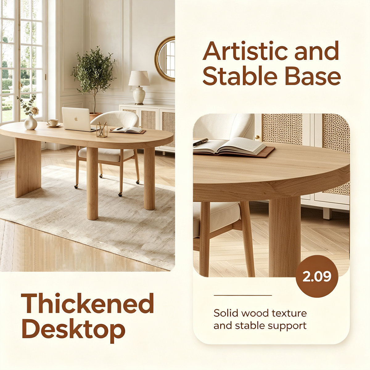 70.9" Solid Wood Curved Executive Desk in Natural Finish with Sculptural Three-Leg Base – View 1