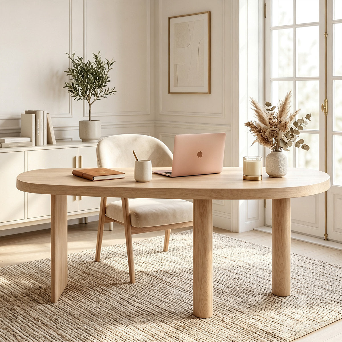 70.9" Solid Wood Curved Executive Desk in Natural Finish with Sculptural Three-Leg Base – View 1