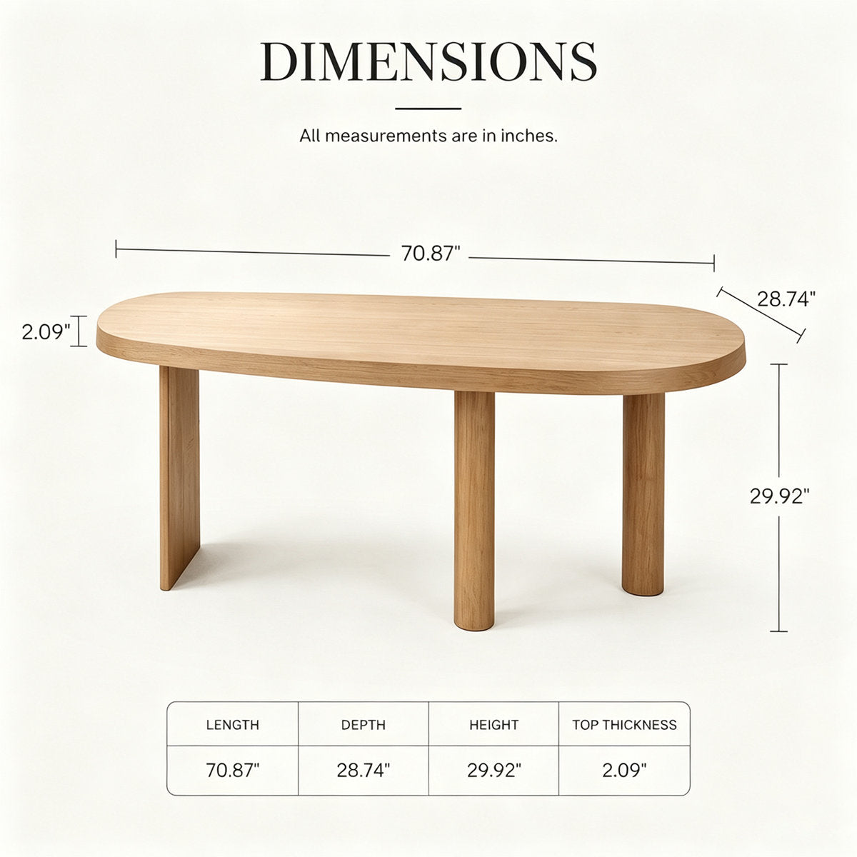 70.9" Solid Wood Curved Executive Desk in Natural Finish with Sculptural Three-Leg Base – View 1