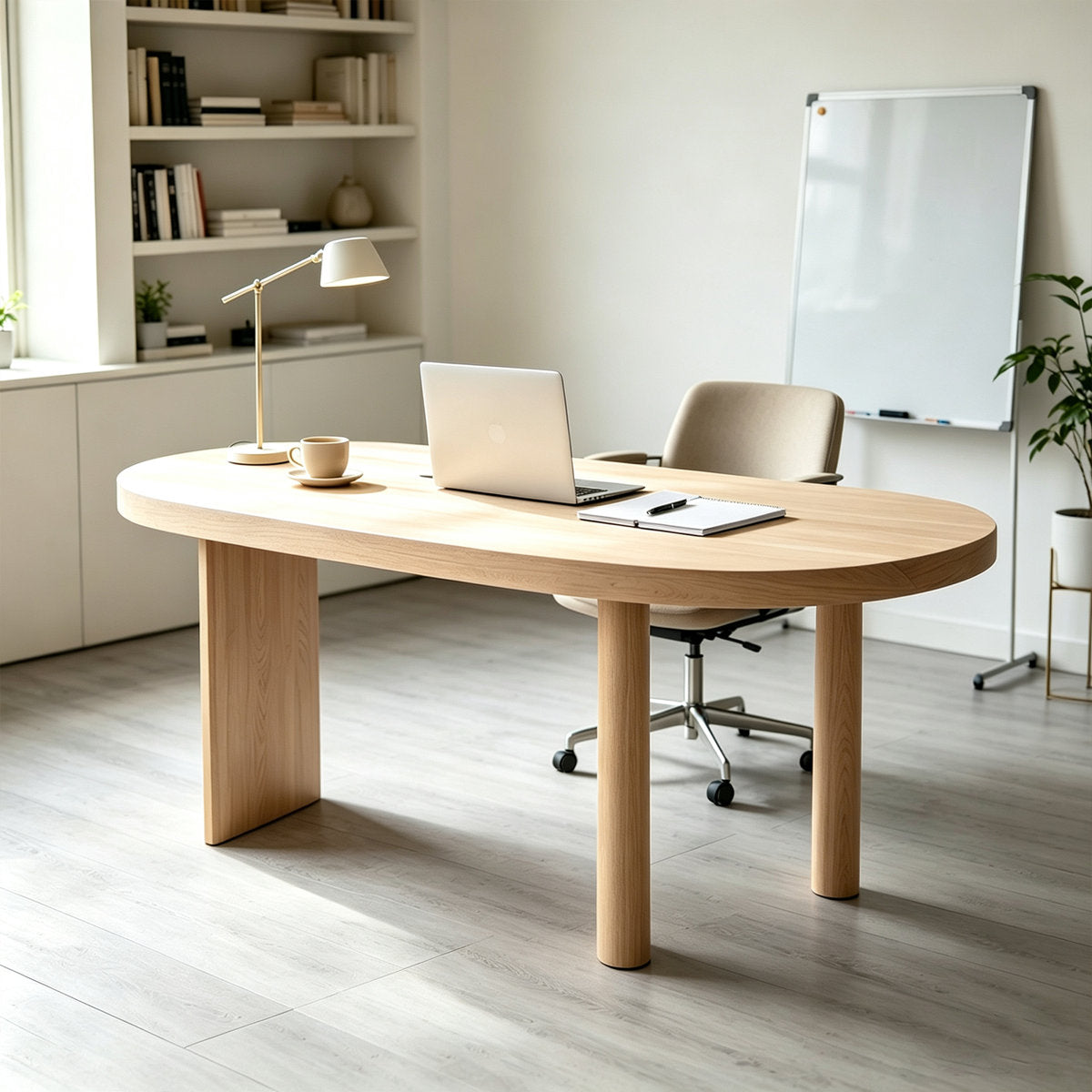 70.9" Solid Wood Curved Executive Desk in Natural Finish with Sculptural Three-Leg Base – View 1