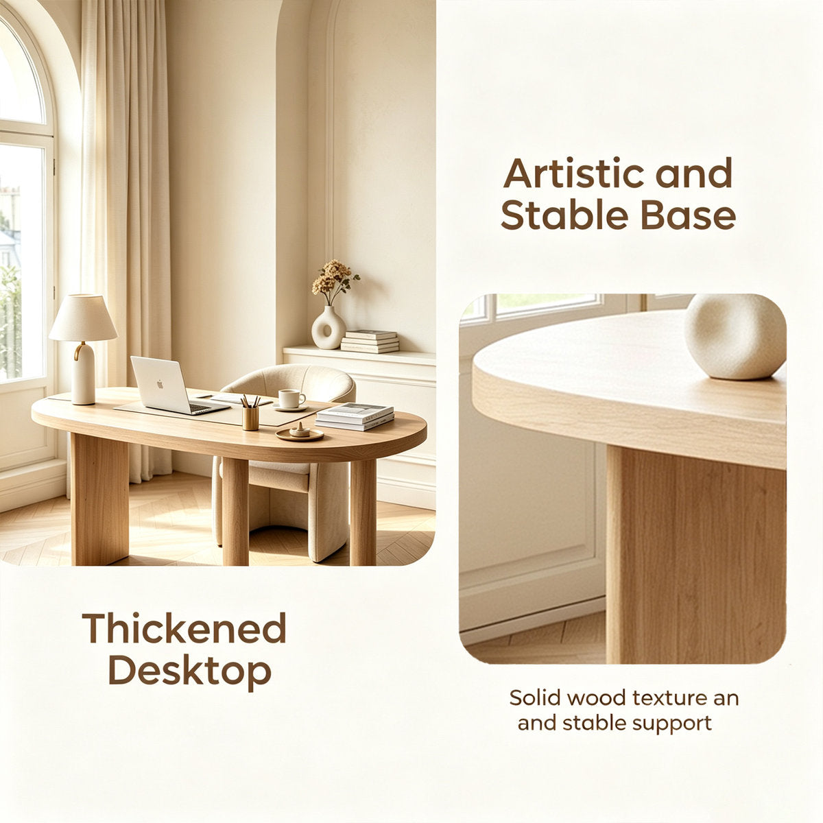 70.9" Solid Wood Curved Executive Desk in Natural Finish with Sculptural Three-Leg Base – View 1