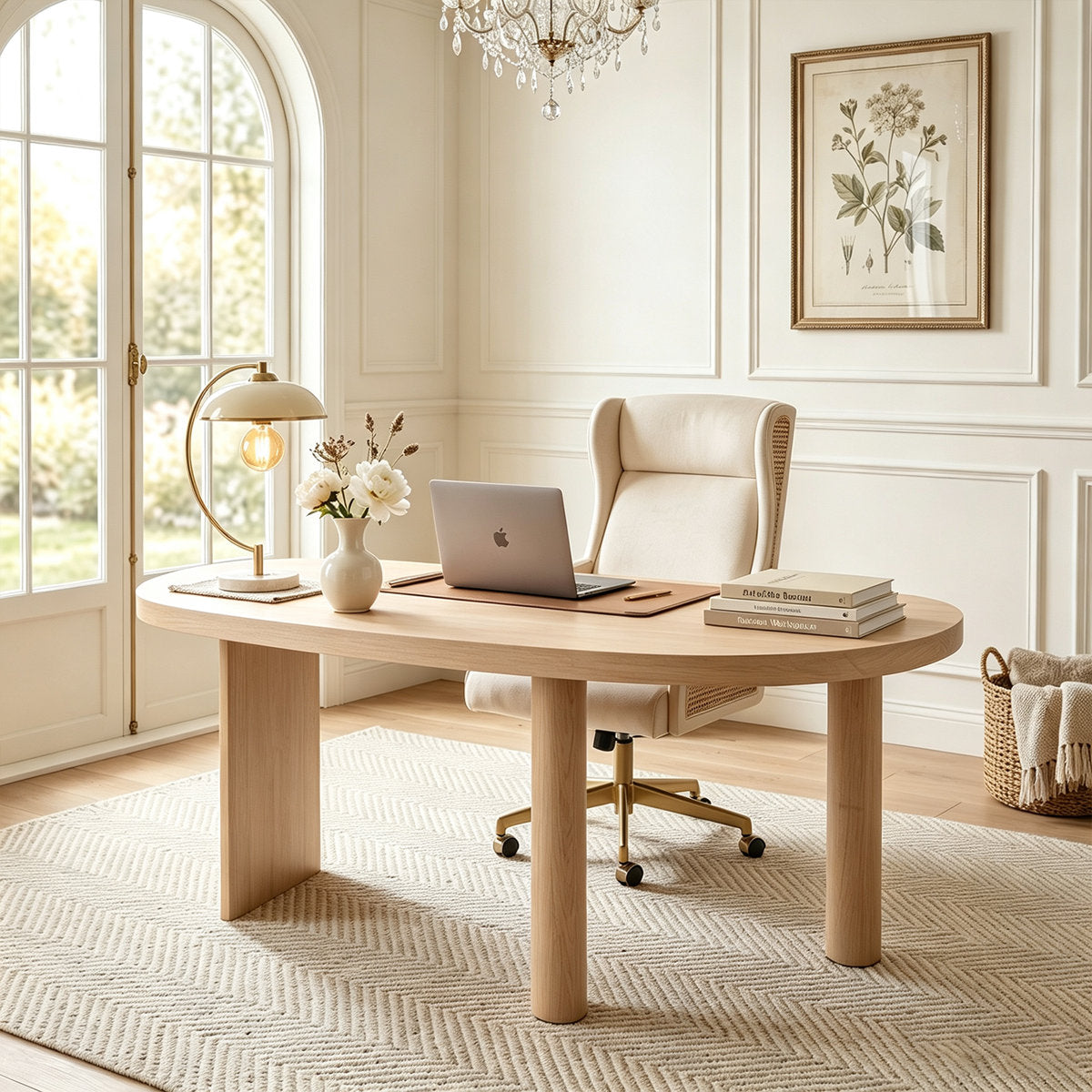 70.9" Solid Wood Curved Executive Desk in Natural Finish with Sculptural Three-Leg Base – View 1