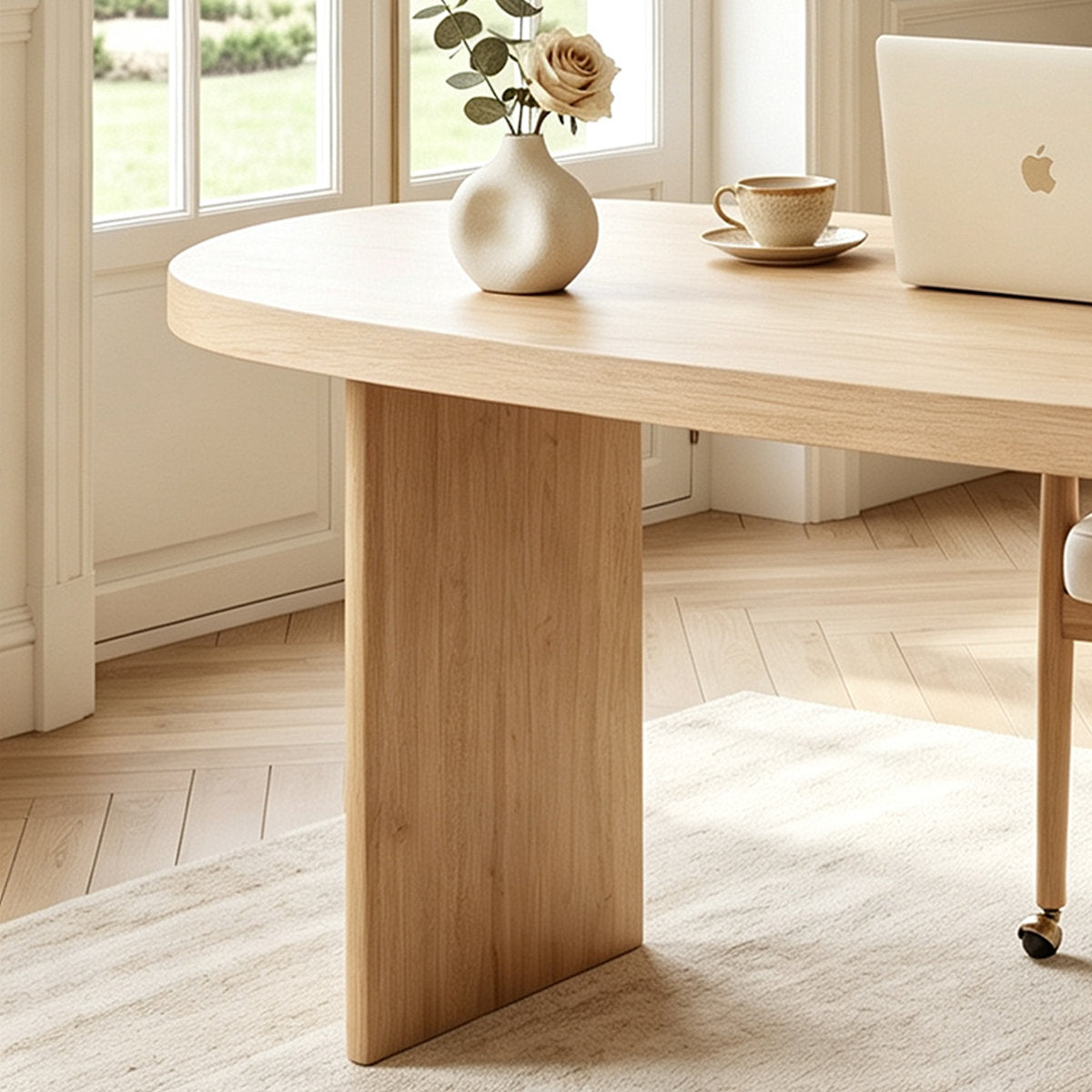 70.9" Solid Wood Curved Executive Desk in Natural Finish with Sculptural Three-Leg Base – View 1