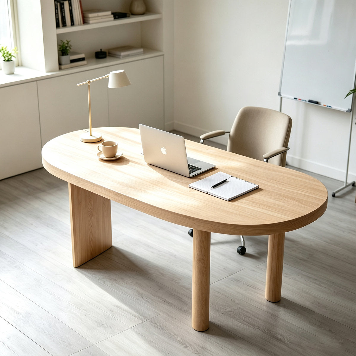 70.9" Solid Wood Curved Executive Desk in Natural Finish with Sculptural Three-Leg Base – View 1