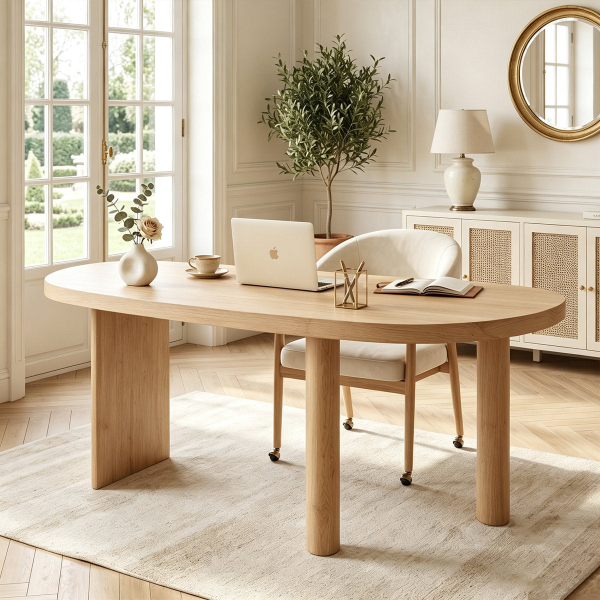 70.9" Solid Wood Curved Executive Desk in Natural Finish with Sculptural Three-Leg Base – View 1