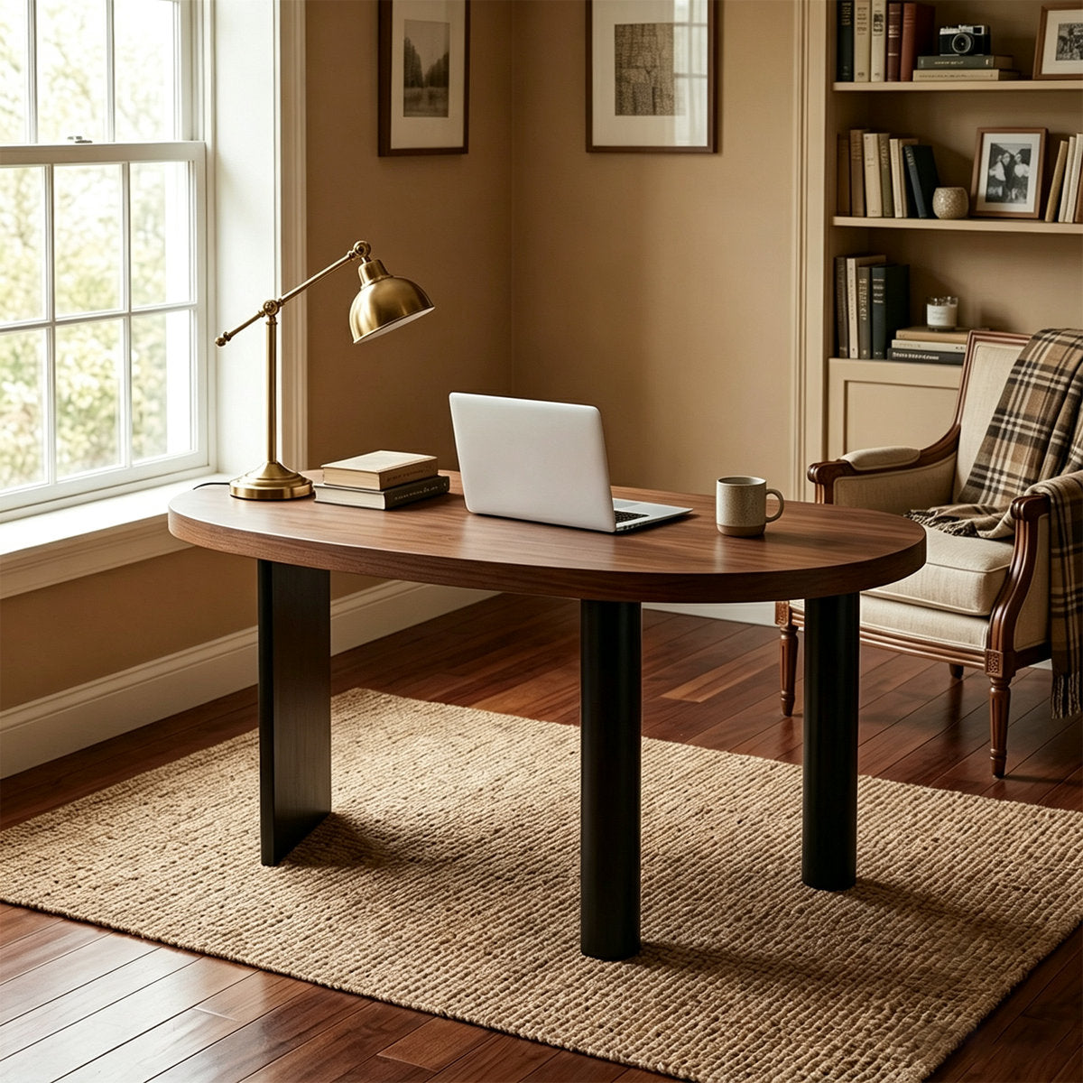 70.9" Walnut and Black Solid Wood Curved Executive Desk with Sculptural Three-Leg Base – View 16