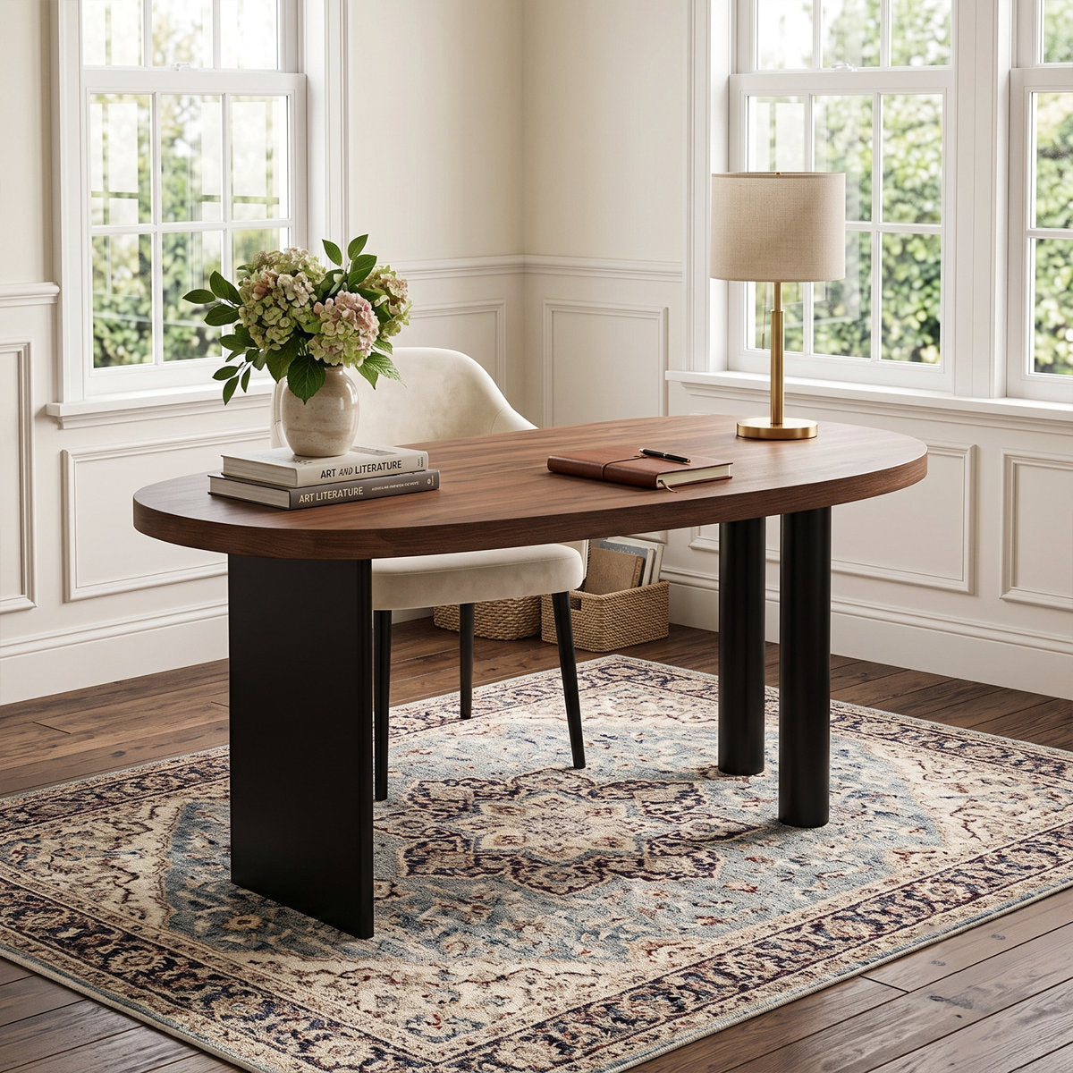 70.9" Walnut and Black Solid Wood Curved Executive Desk with Sculptural Three-Leg Base – View 16