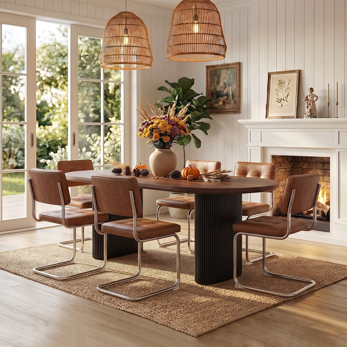 78.74'' Modern Walnut Oval Dining Table for 6–8 People with 2'' Thick Rounded Top and Black Fluted Double Pedestal Base - View 1
