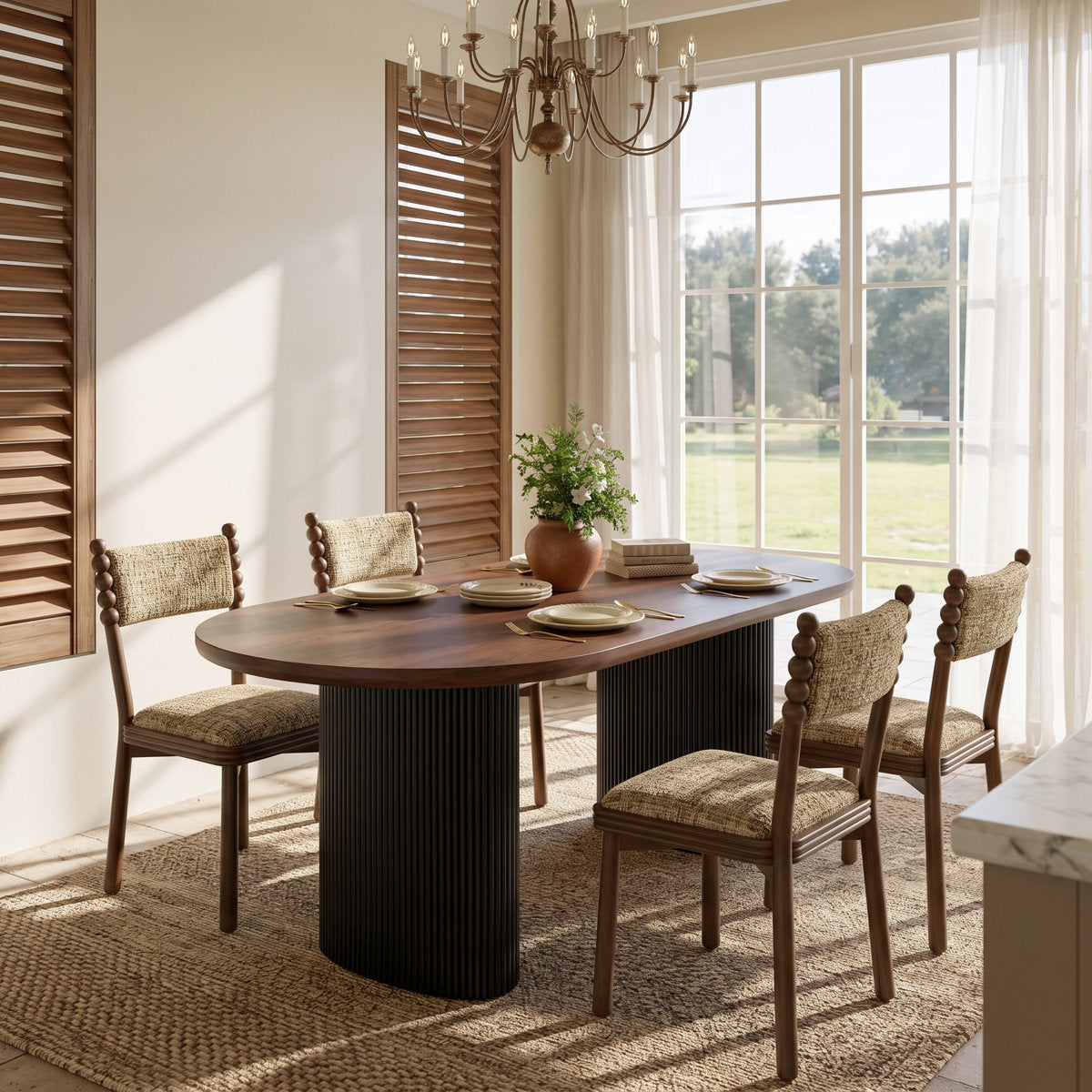 78.74'' Modern Walnut Oval Dining Table for 6–8 People with 2'' Thick Rounded Top and Black Fluted Double Pedestal Base - View 3