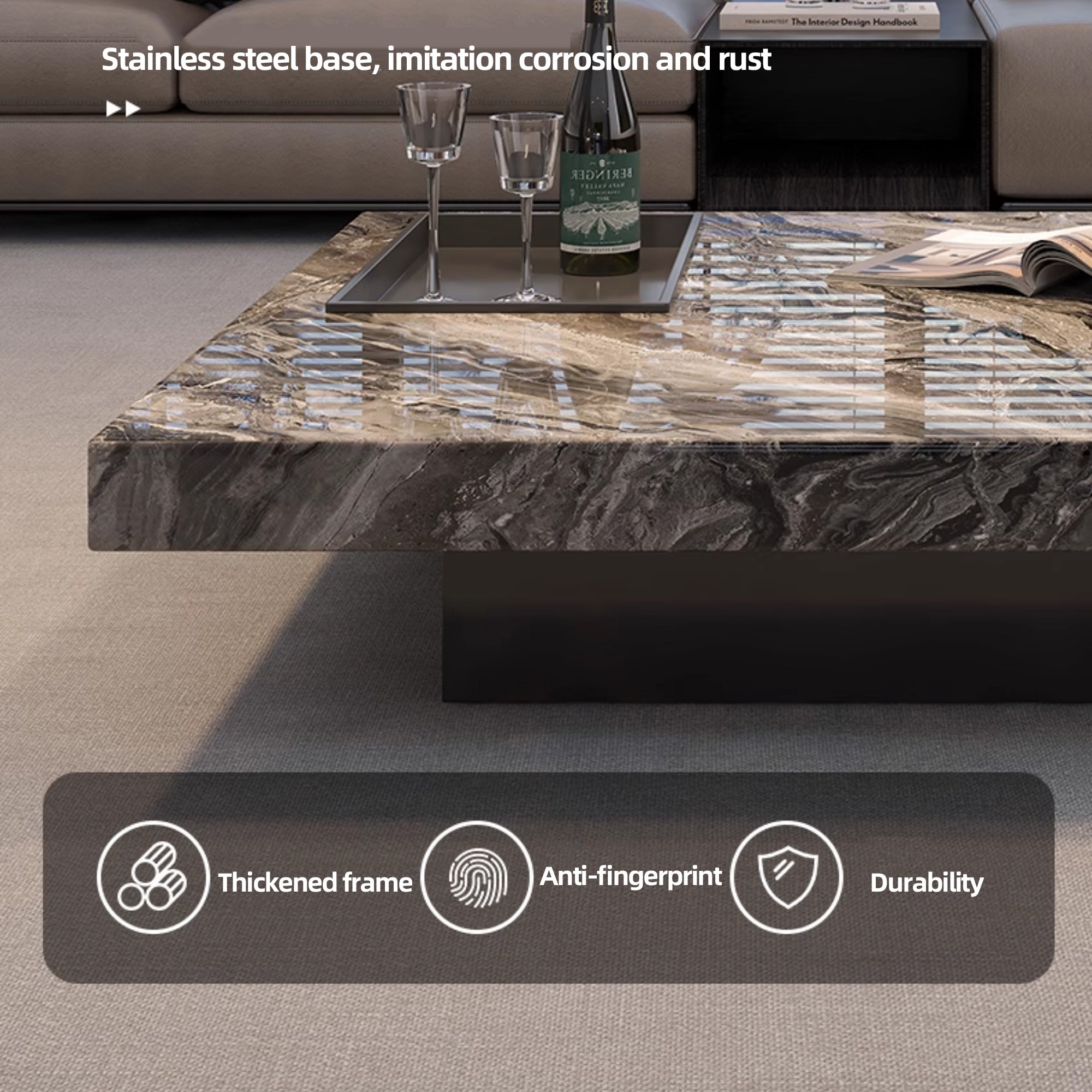 47.24" Square Faux Marble Coffee Table with Stainless Steel Base