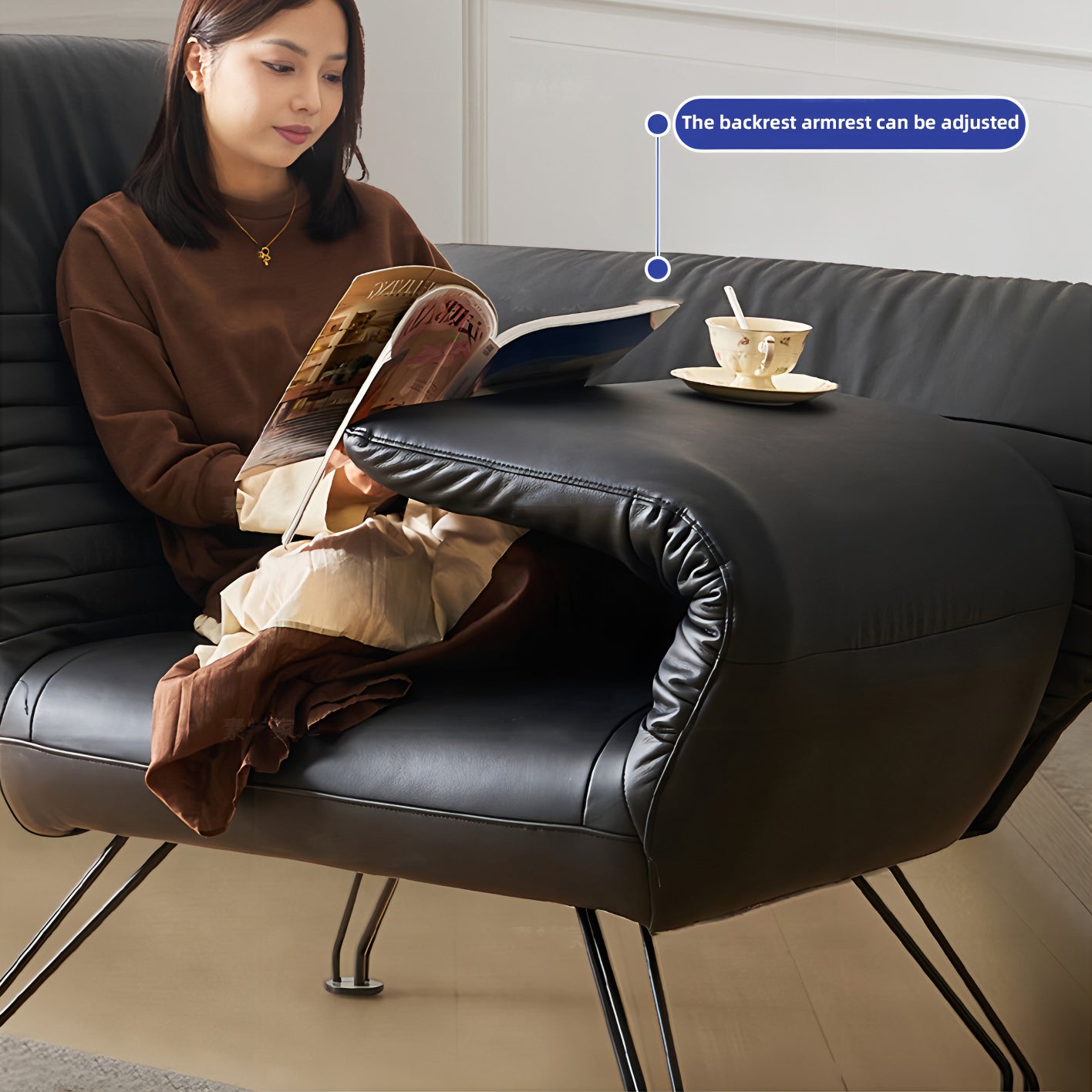 Adjustable Reclining Lounge Chair with Wax Pull-Up Leather Contact Surface
