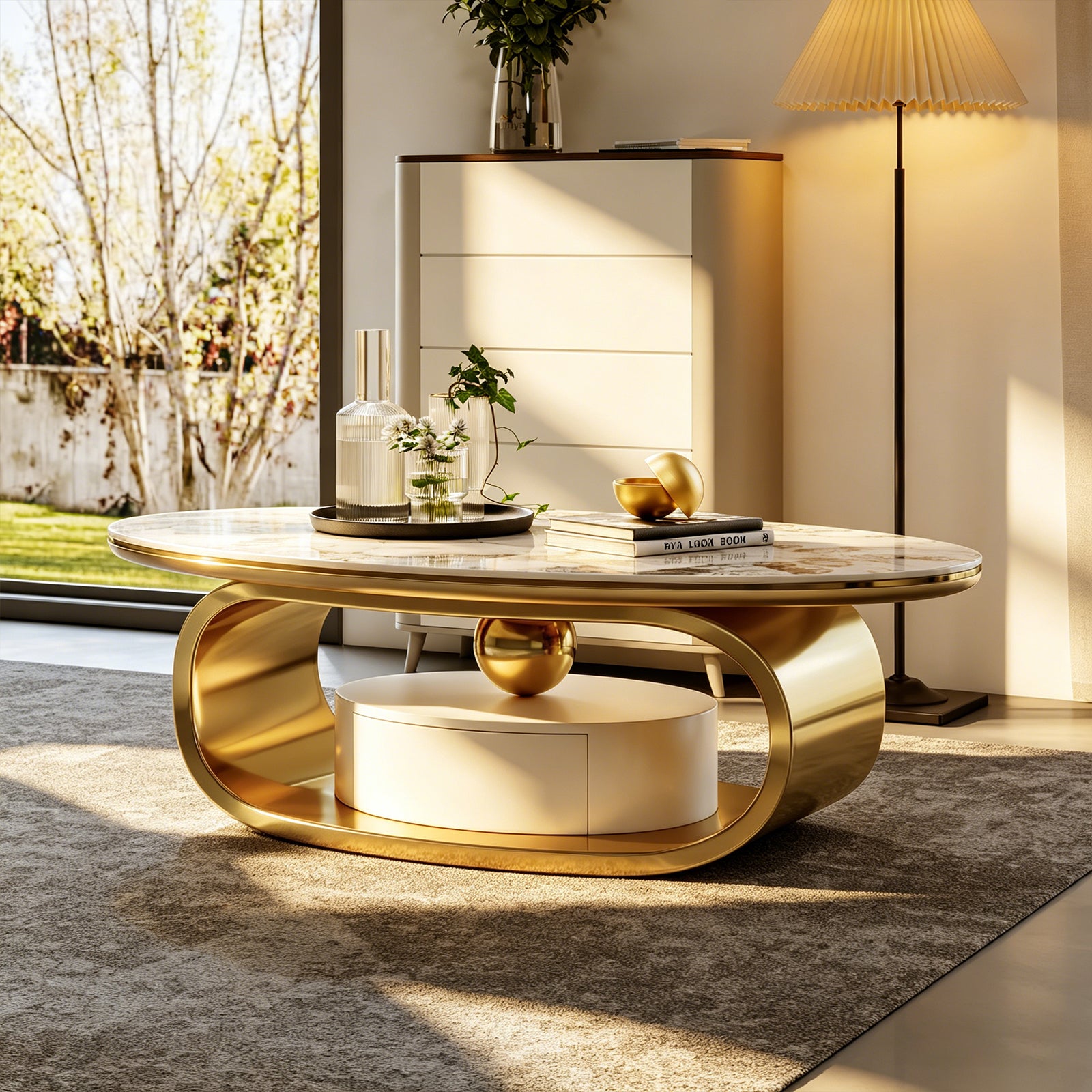 Modern Luxury Coffee Table: Scratch-Resistant Faux Marble Surface, Polished Gold Frame & Hidden Drawer